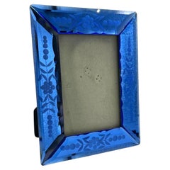 Used Art Deco Colbalt Glass Floral Etched Picture Frame