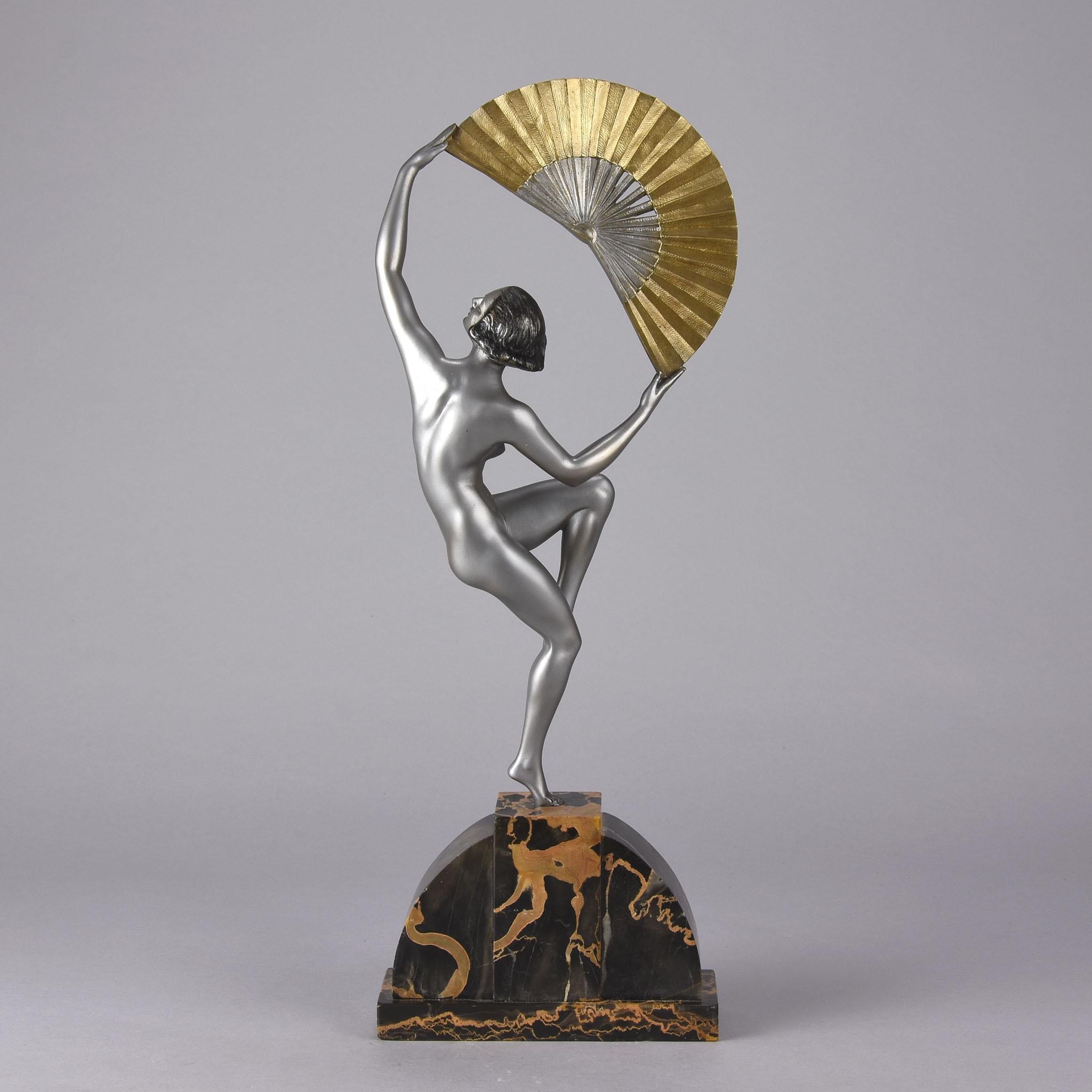 Art Deco Cold Painted Bronze Figure' 'Fan Dancer' by Marcel Bouraine In Good Condition In London, GB