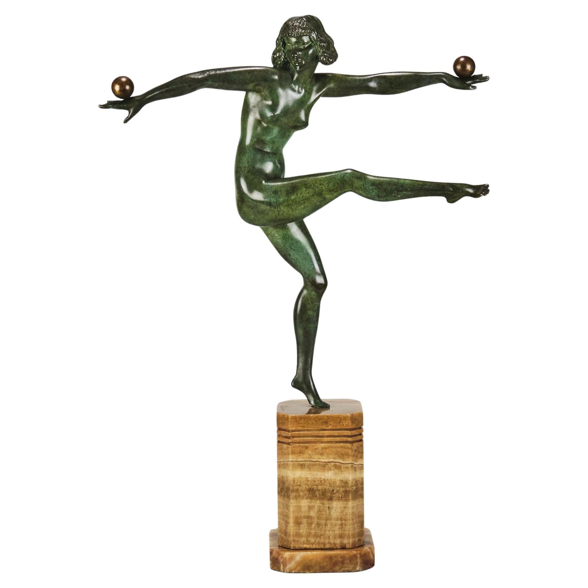 Art Deco Cold-Painted Bronze Sculpture entitled "Balancing" by Marcel  Bouraine For Sale at 1stDibs