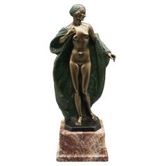 Antique Art Deco Cold Painted Bronze Sculpture of a Nude Lady with Draped Cloak