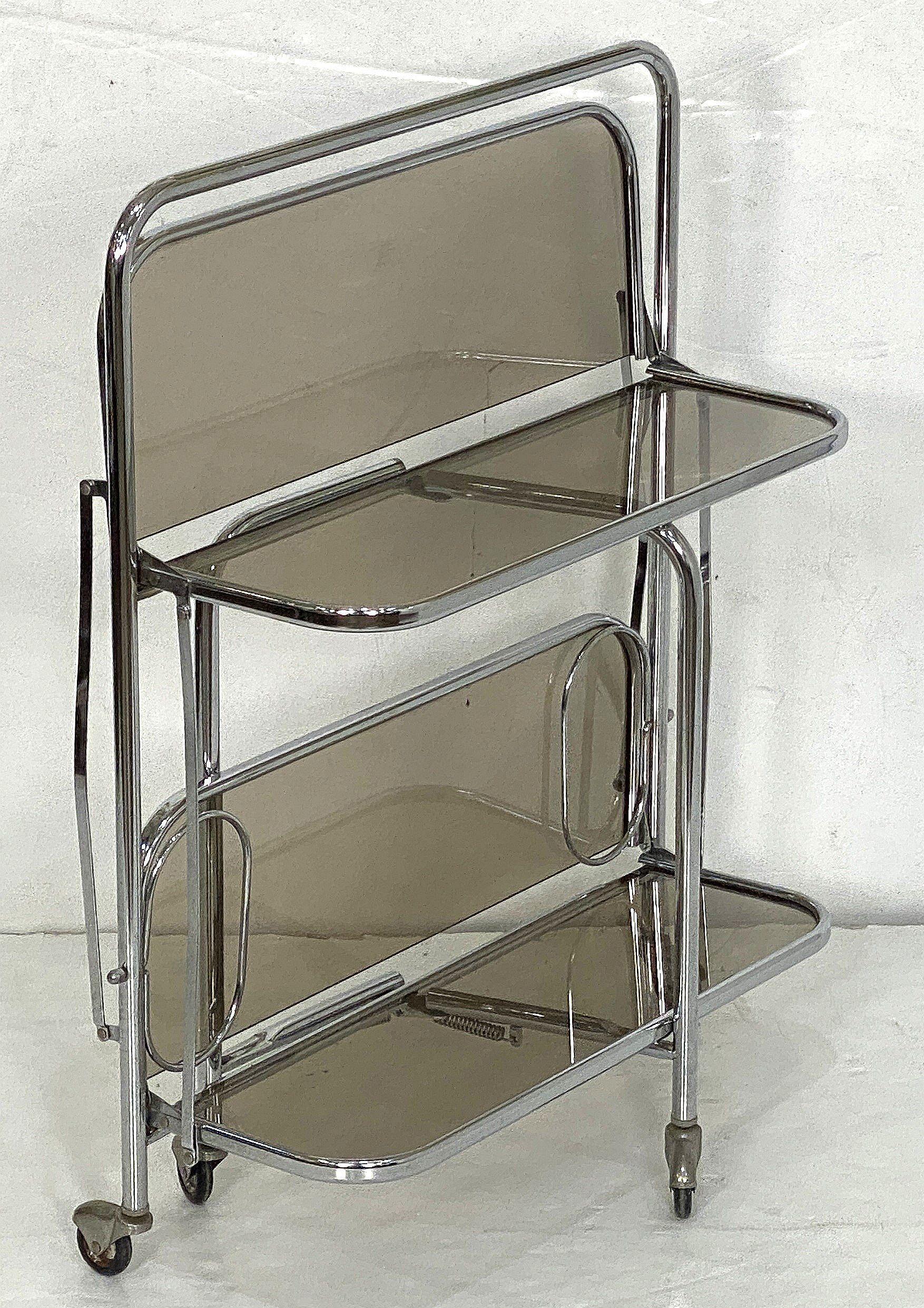 Art Deco Collapsible Rolling Cart or Drinks Trolley of Chrome and Smoked Glass For Sale 3
