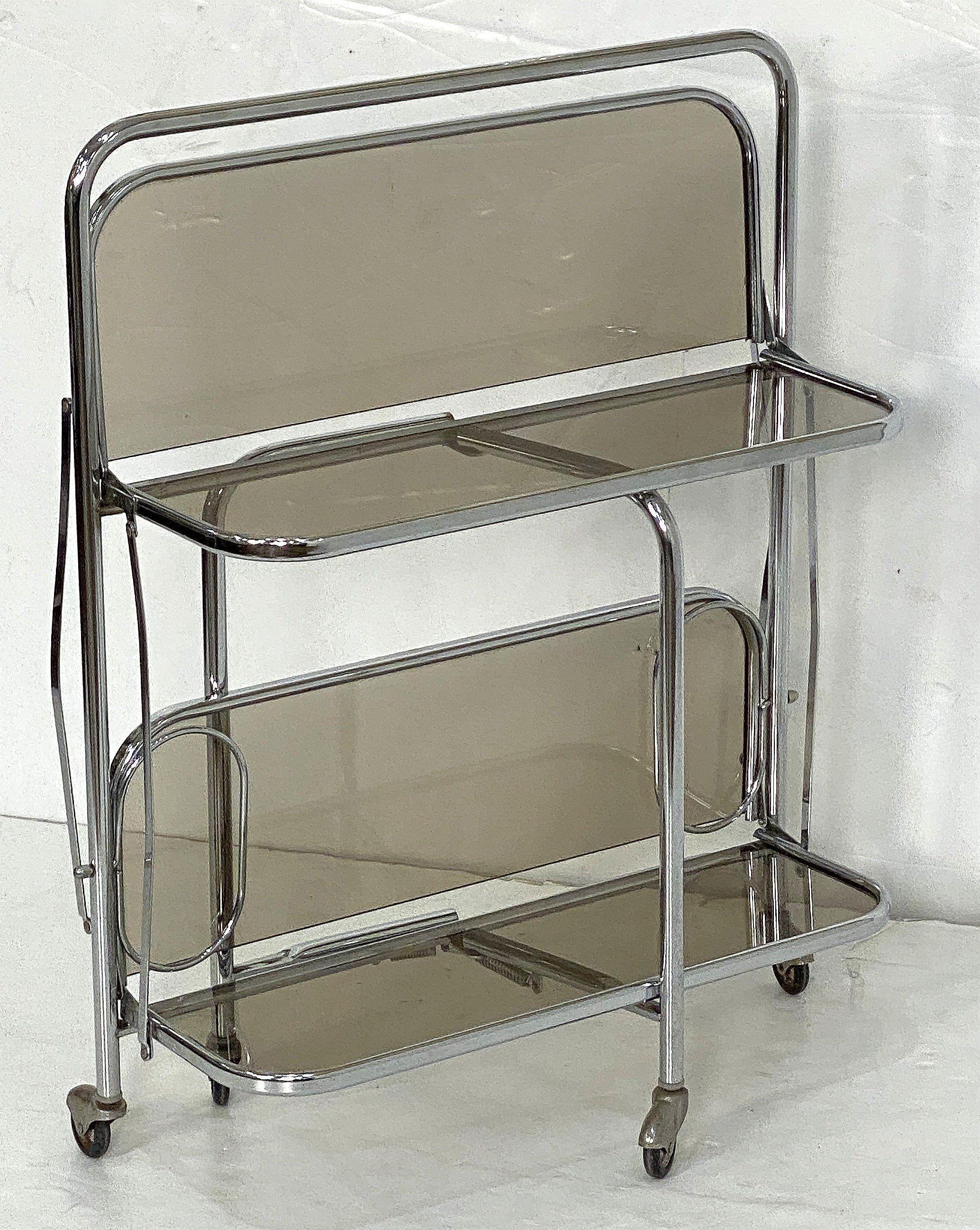 Art Deco Collapsible Rolling Cart or Drinks Trolley of Chrome and Smoked Glass For Sale 4