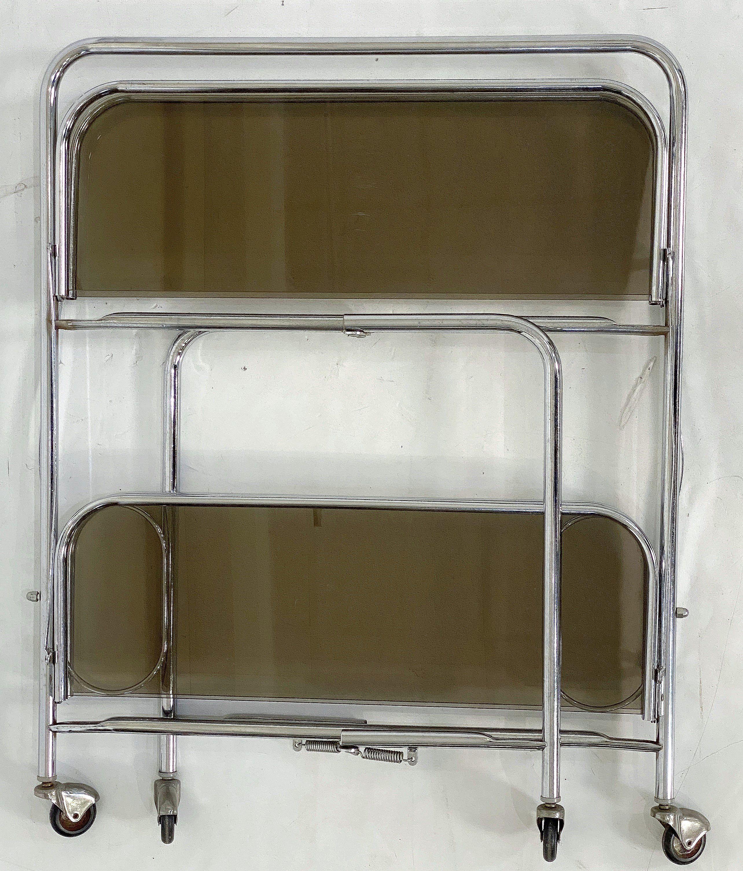 Art Deco Collapsible Rolling Cart or Drinks Trolley of Chrome and Smoked Glass For Sale 5