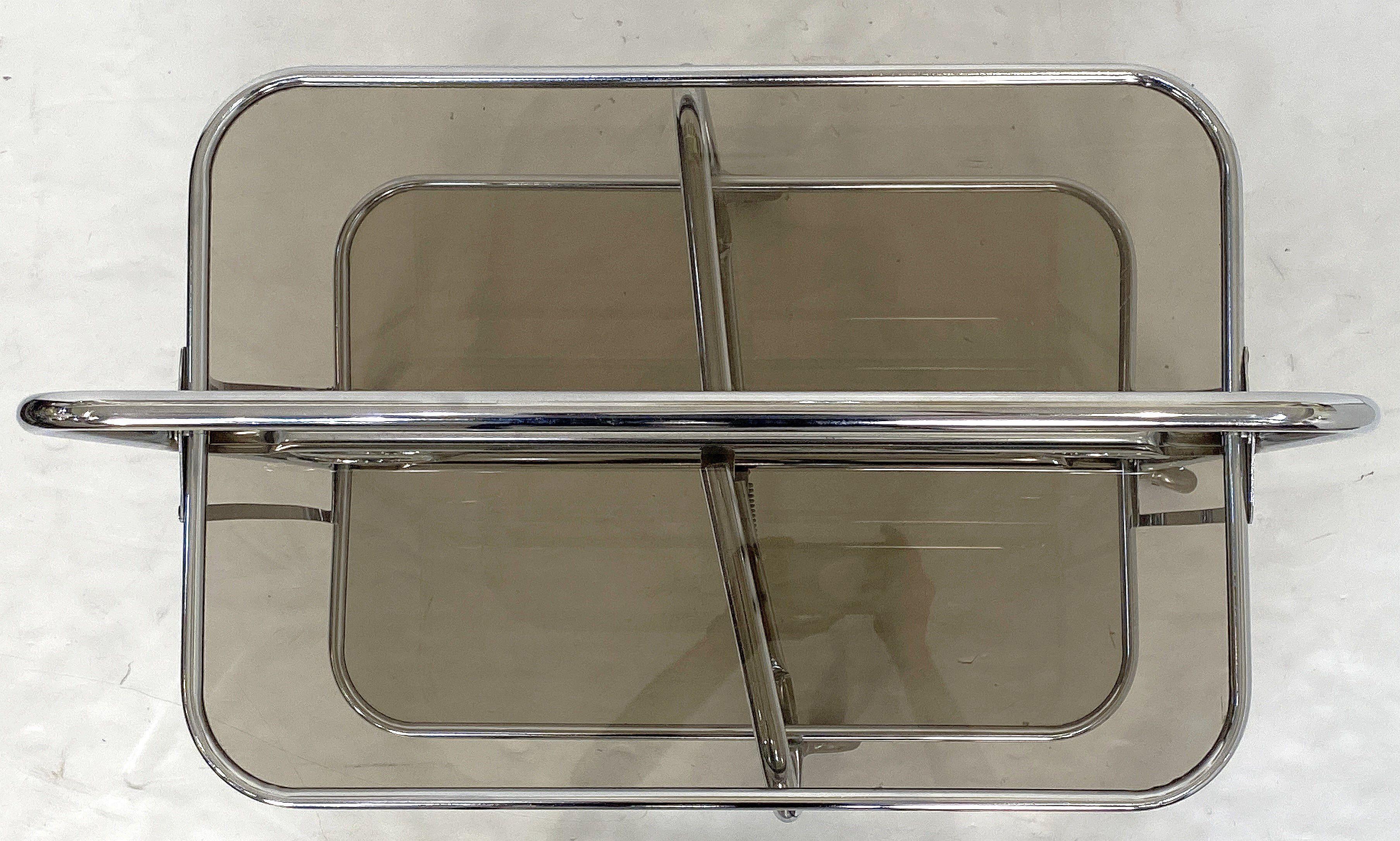 Art Deco Collapsible Rolling Cart or Drinks Trolley of Chrome and Smoked Glass For Sale 6