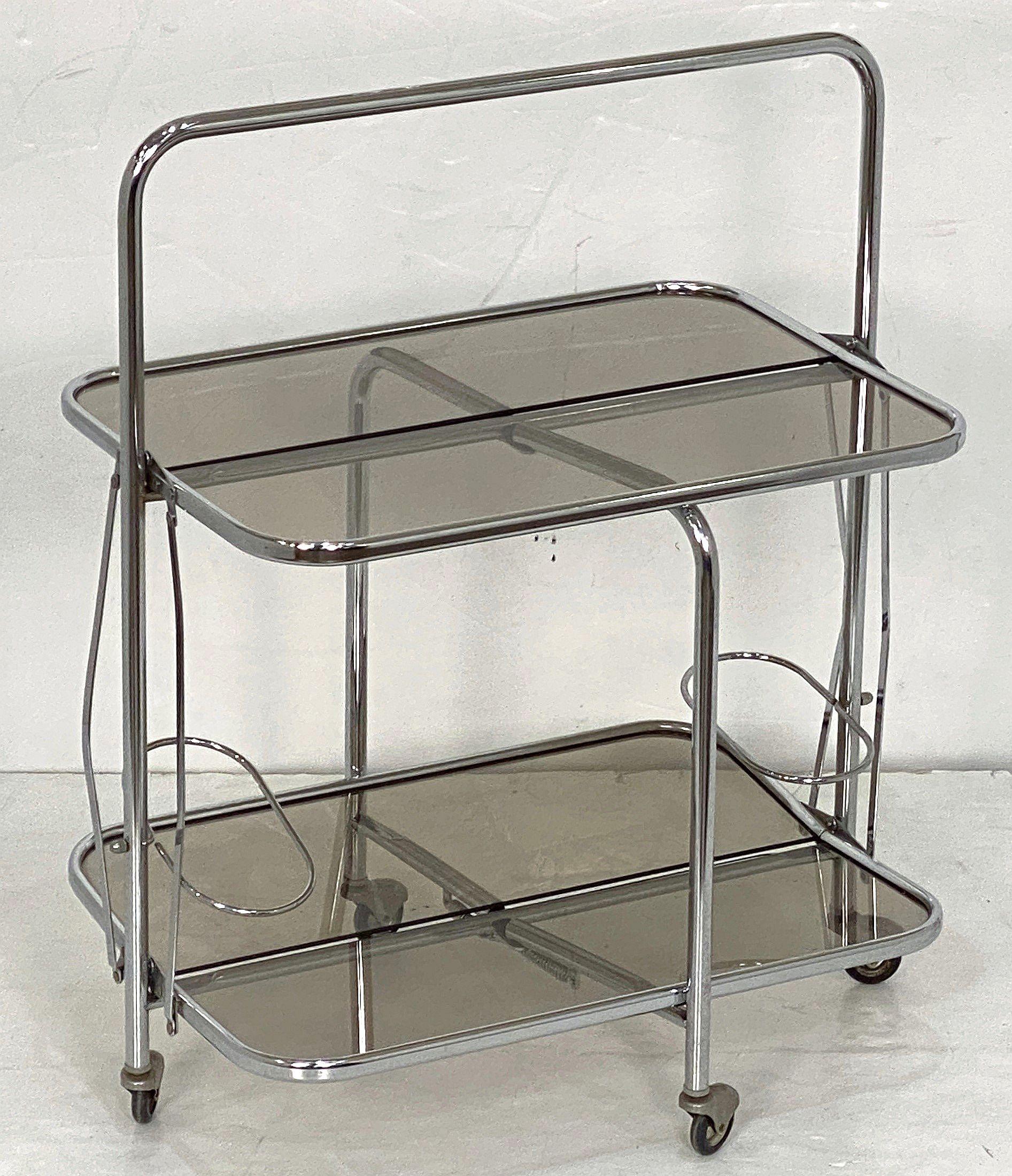 Art Deco Collapsible Rolling Cart or Drinks Trolley of Chrome and Smoked Glass For Sale 7