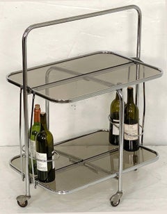 Collapsible Art-Déco-Rollwagen oder Getränkewagen aus Chrom und Rauchglas