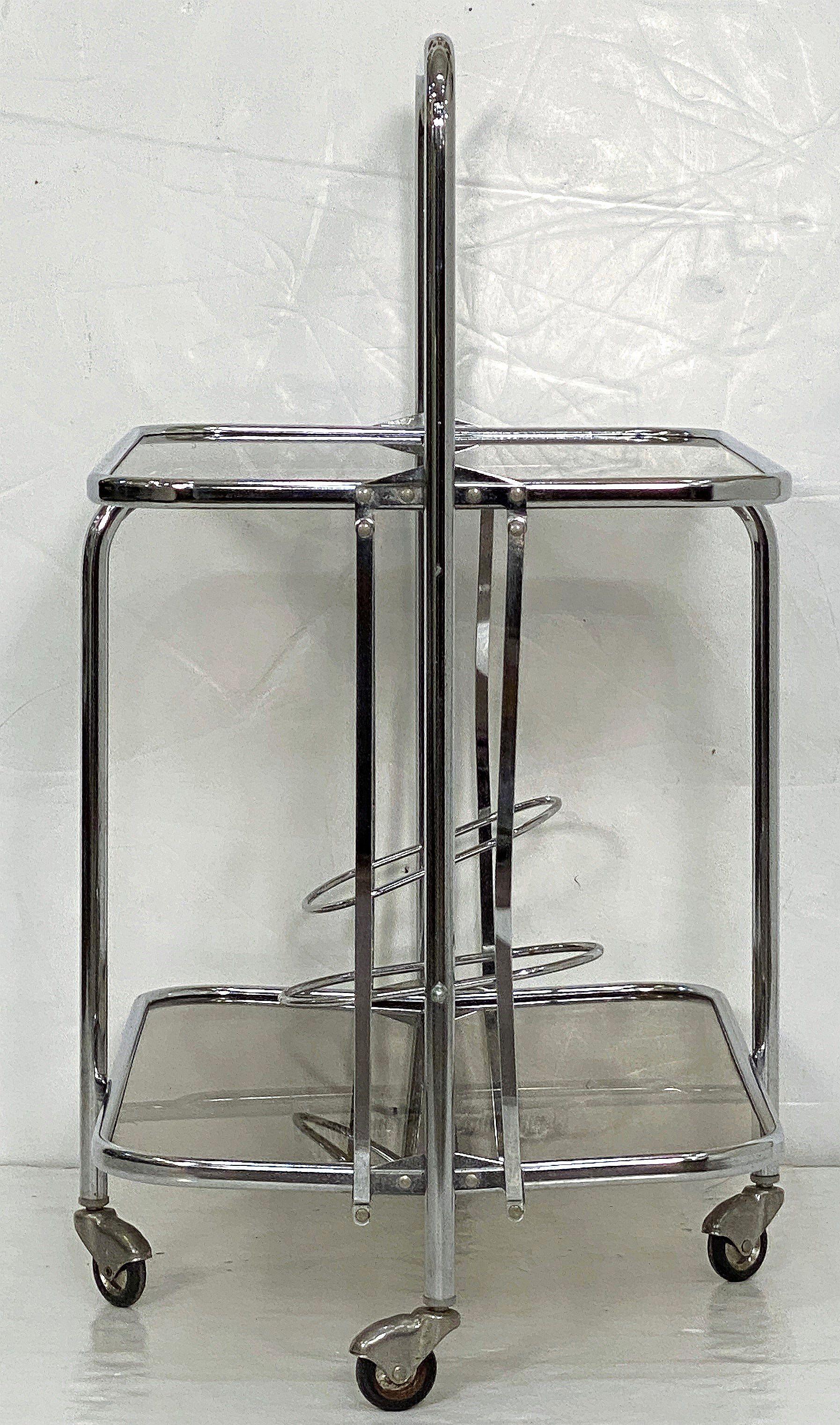 French Art Deco Collapsible Rolling Cart or Drinks Trolley of Chrome and Smoked Glass For Sale