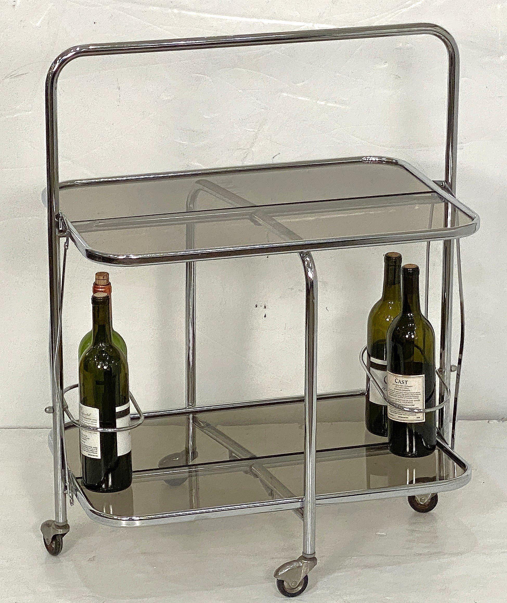 20th Century Art Deco Collapsible Rolling Cart or Drinks Trolley of Chrome and Smoked Glass For Sale