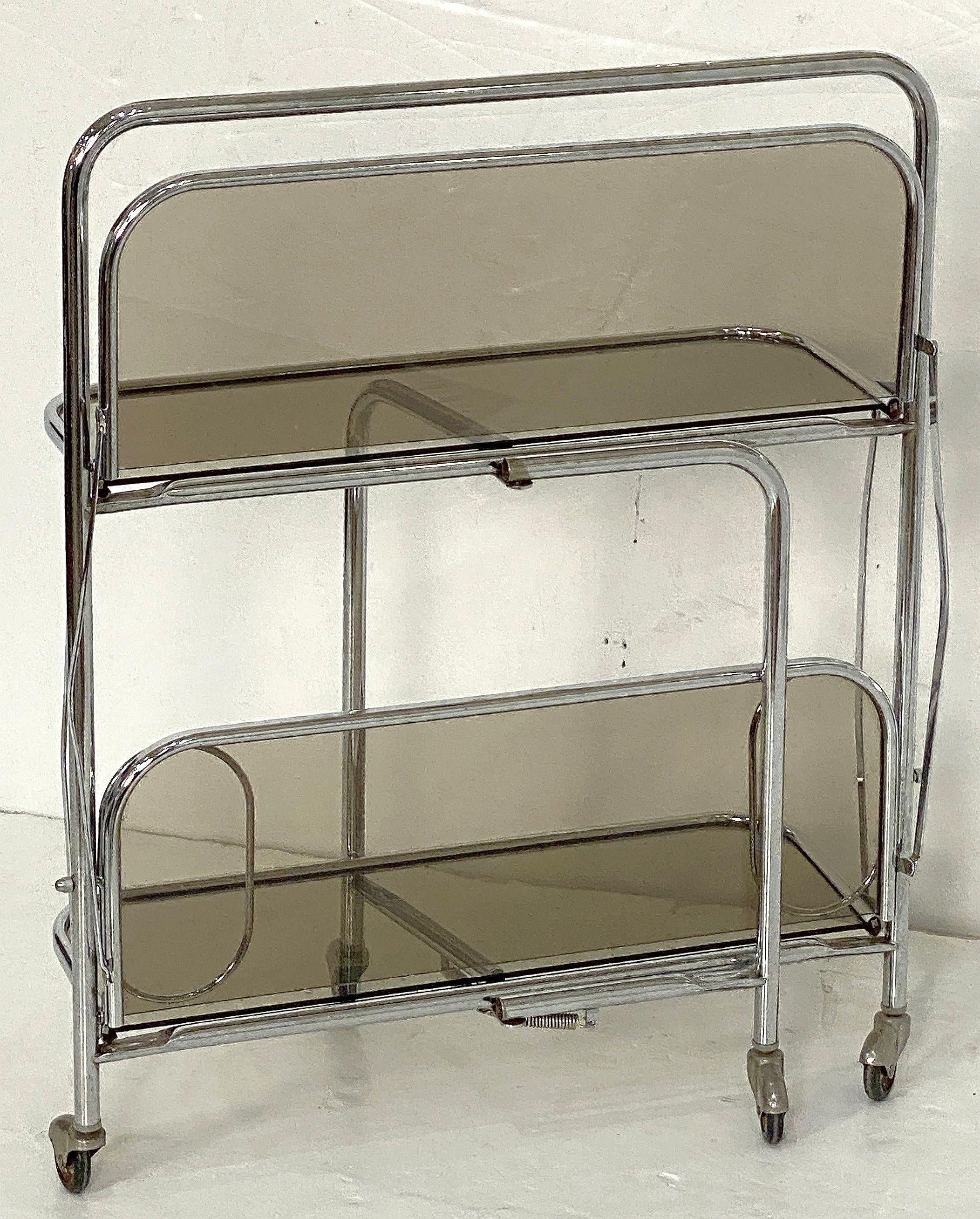 Art Deco Collapsible Rolling Cart or Drinks Trolley of Chrome and Smoked Glass For Sale 1
