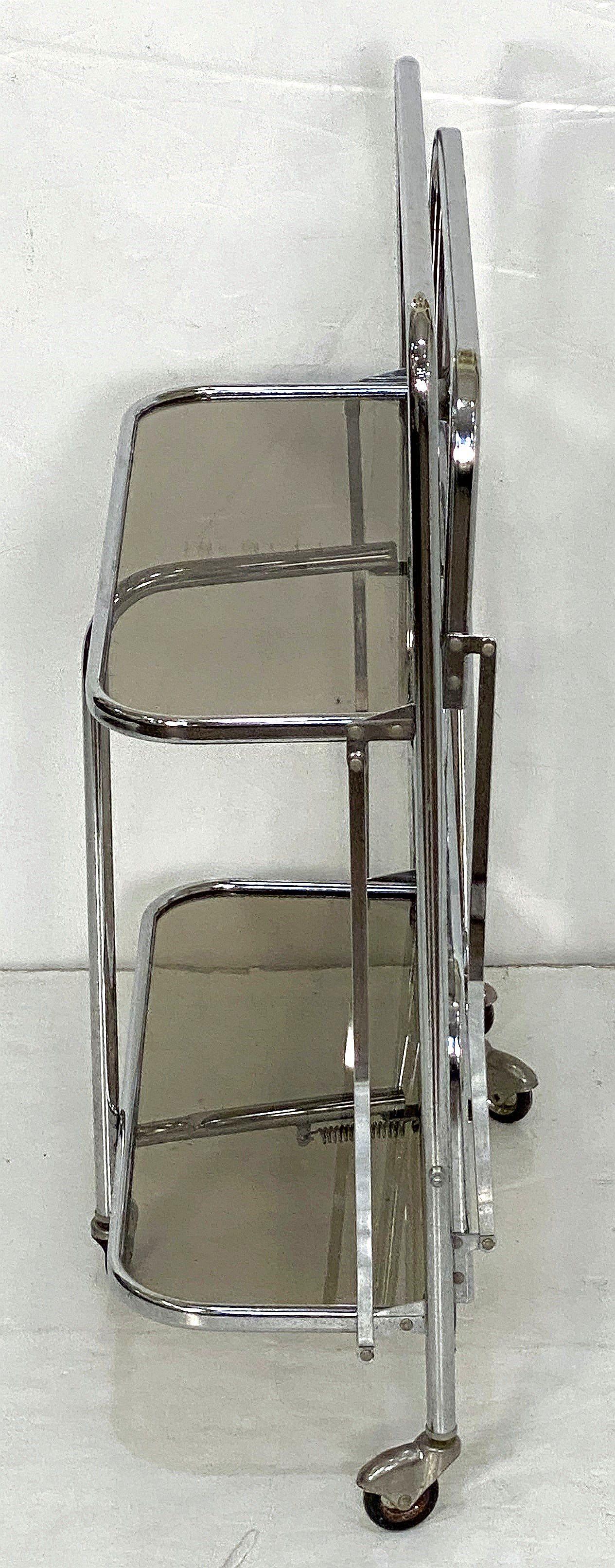 Art Deco Collapsible Rolling Cart or Drinks Trolley of Chrome and Smoked Glass For Sale 2