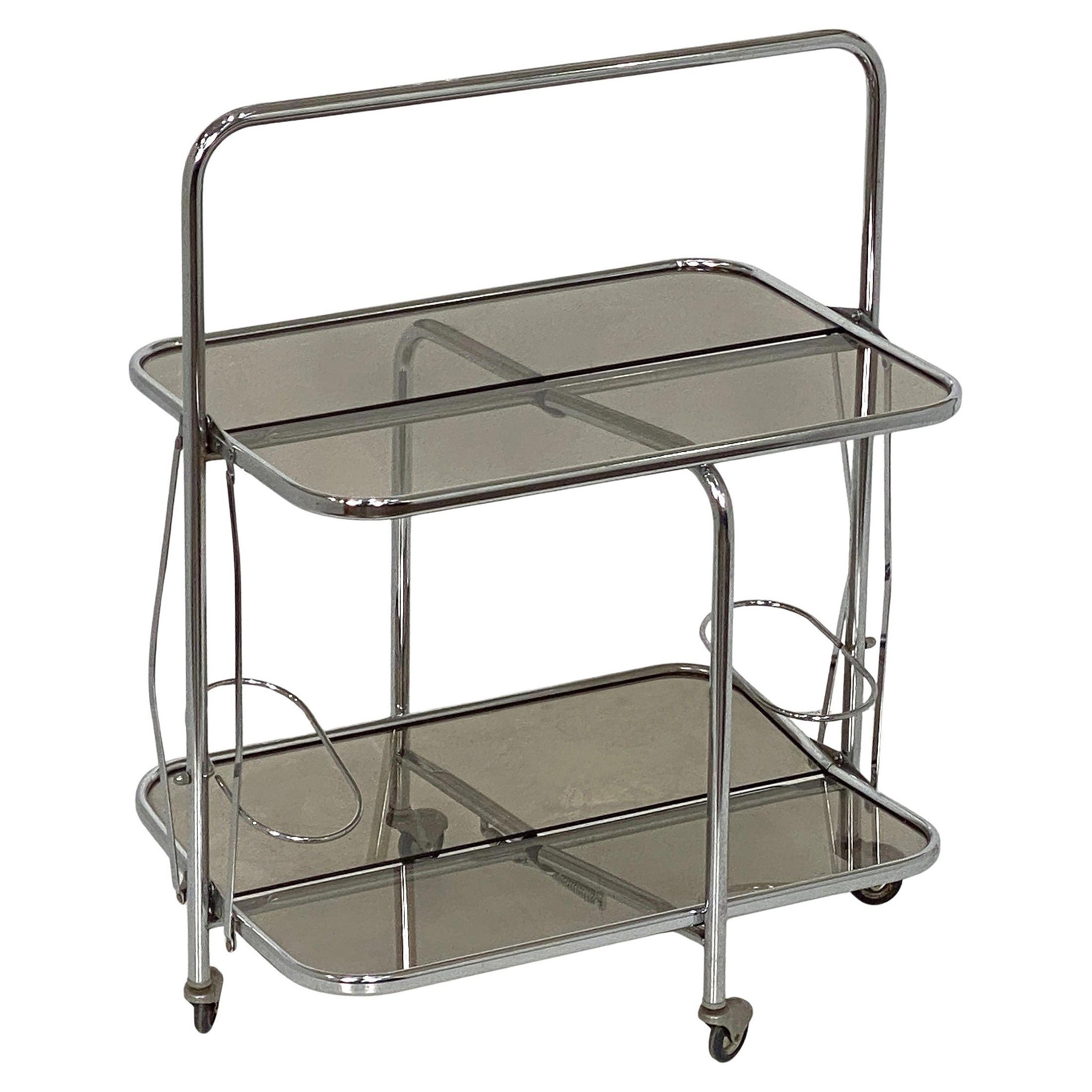 Rolle pieghevole Art Deco o carrello portabevande in cromo e vetro fumé