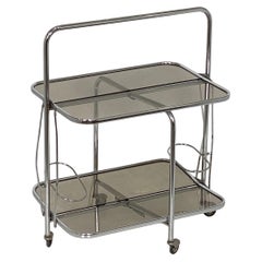 Art Deco Collapsible Rolling Cart or Drinks Trolley of Chrome and Smoked Glass