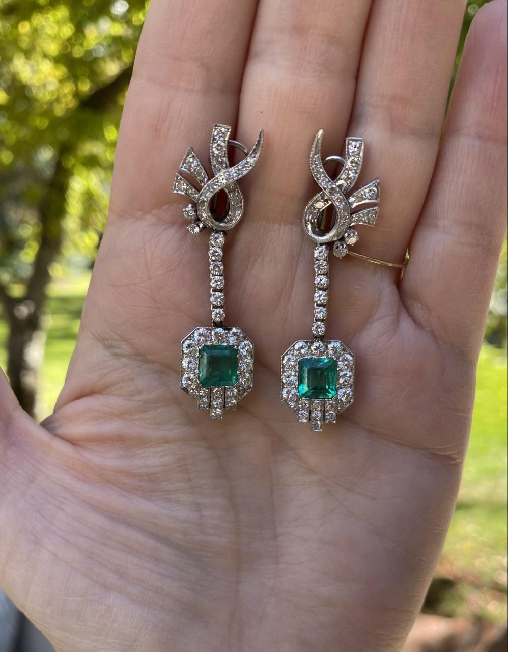 Kolumbianische Art-Déco-Ohrringe mit Smaragd und Diamant im Art déco-Stil Damen im Angebot