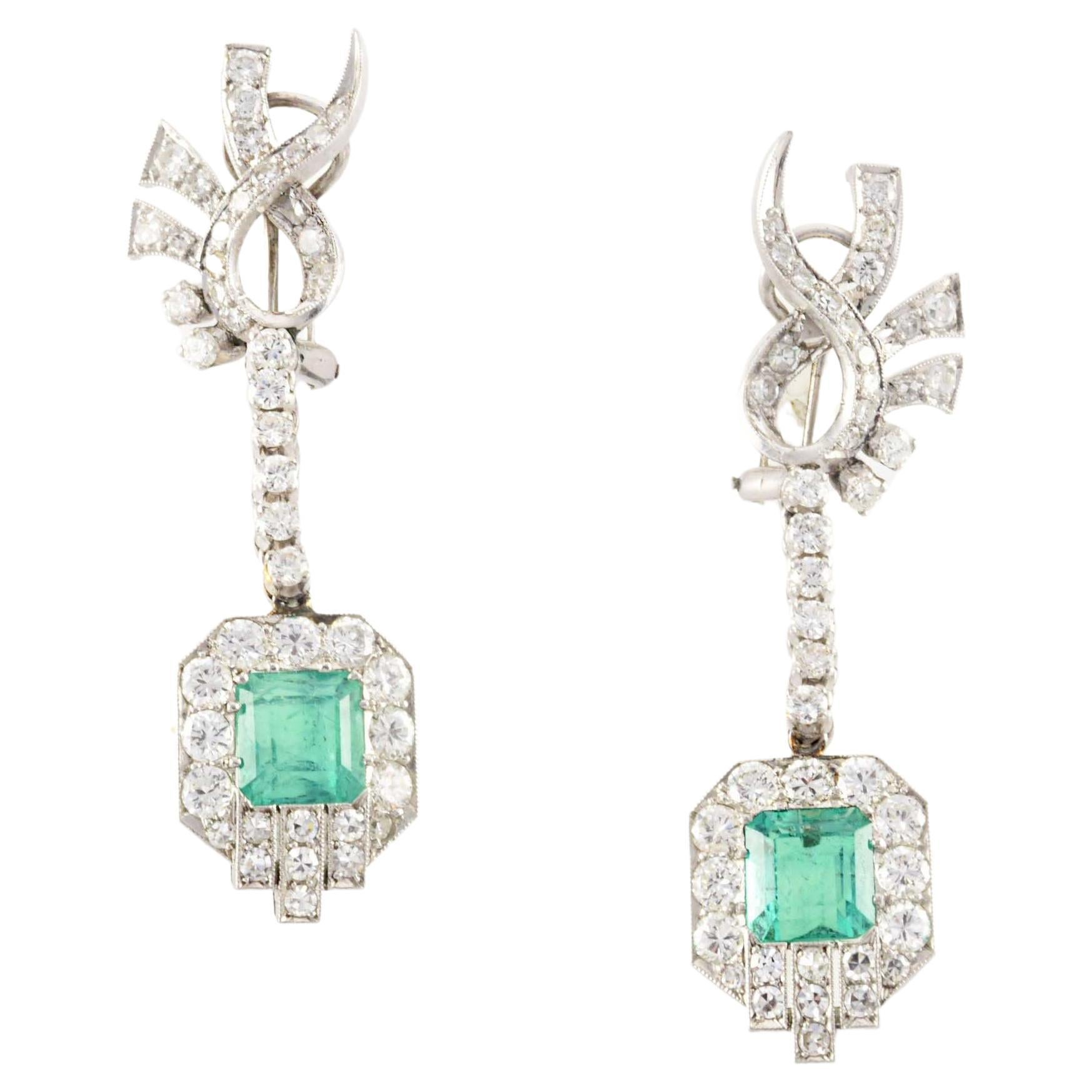 Art Deco Colombian Emerald and Diamond Drop Down Earrings For Sale