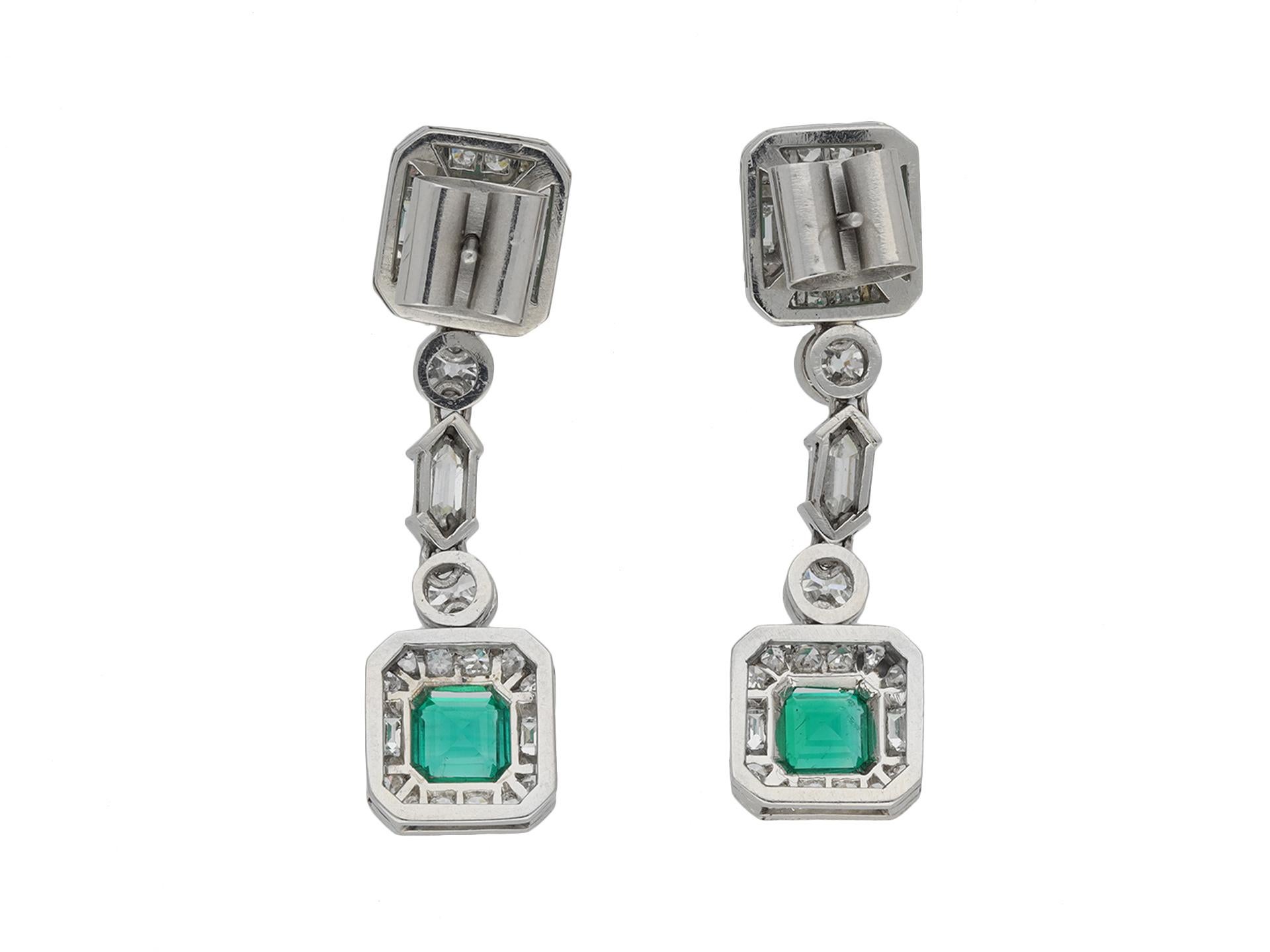 Emerald Cut Art Deco Colombian Emerald and Diamond Drop Earrings, circa 1925 For Sale