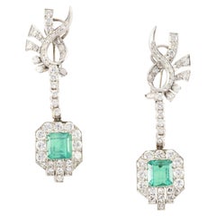 Art Deco Colombian Emerald and Diamond Drop Earrings