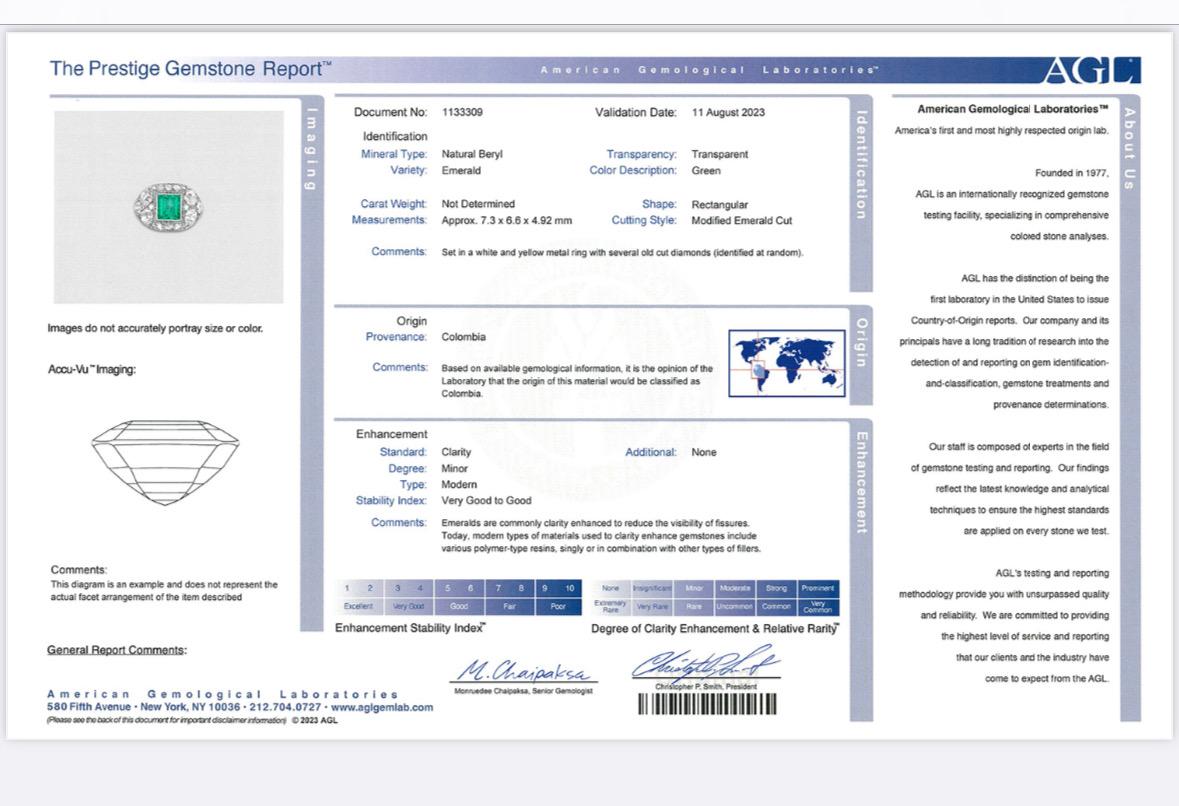 Art Deco Colombian Emerald and Diamond Ring - AGL Certificate For Sale 2