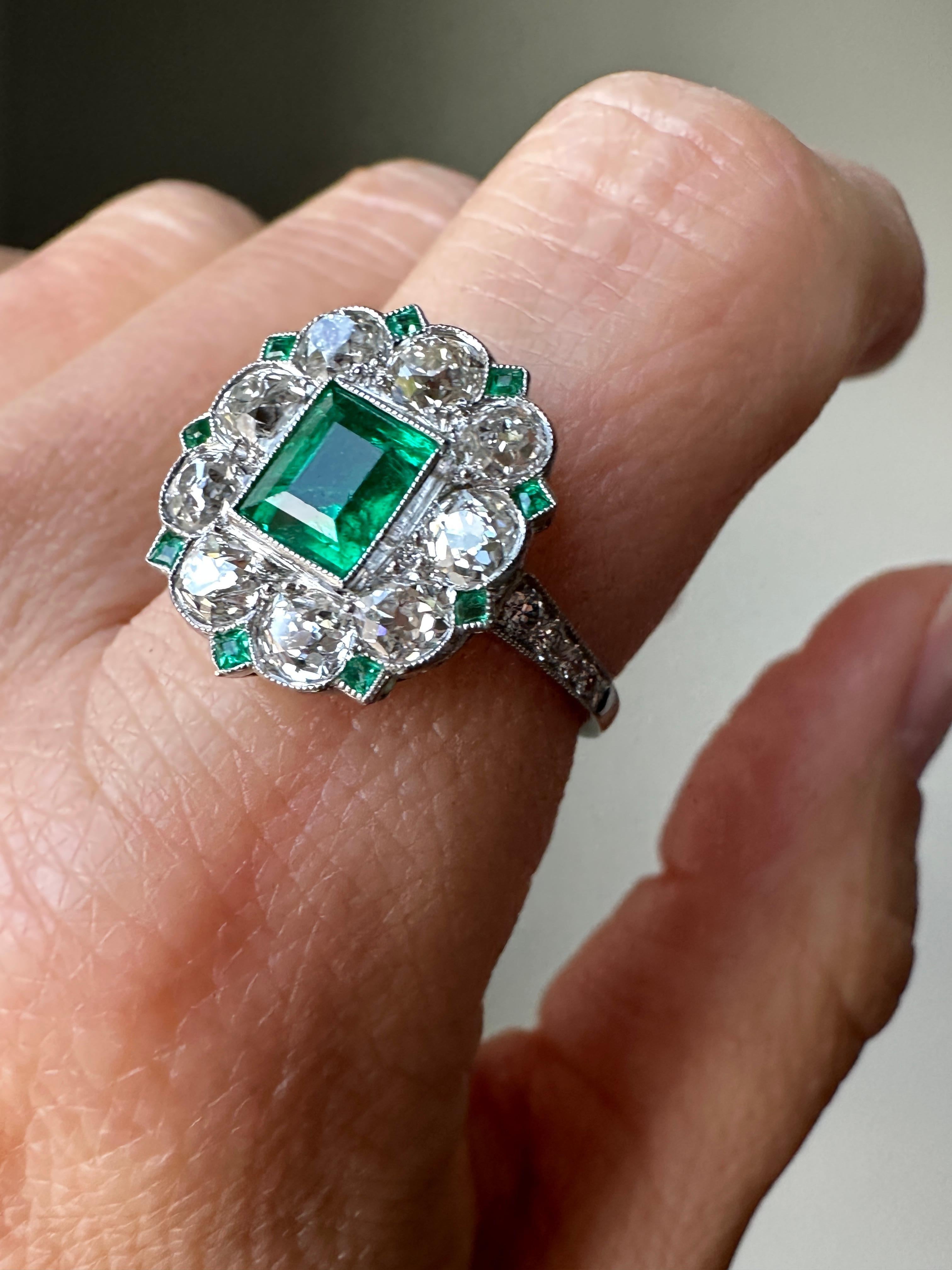 Emerald Cut Art Deco Colombian Emerald and Diamond RIng - AGL Insignificant Treatment For Sale