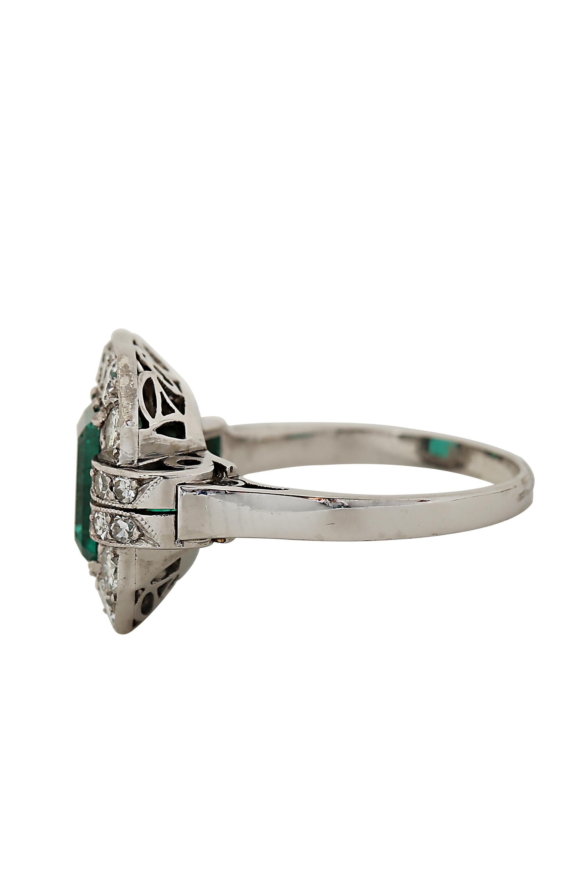 Octagon Cut GIA Certified Art Deco Colombian Emerald and Diamond Ring For Sale