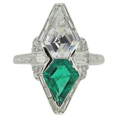 Antique Art Deco Colombian Emerald and Shield Diamond Ring