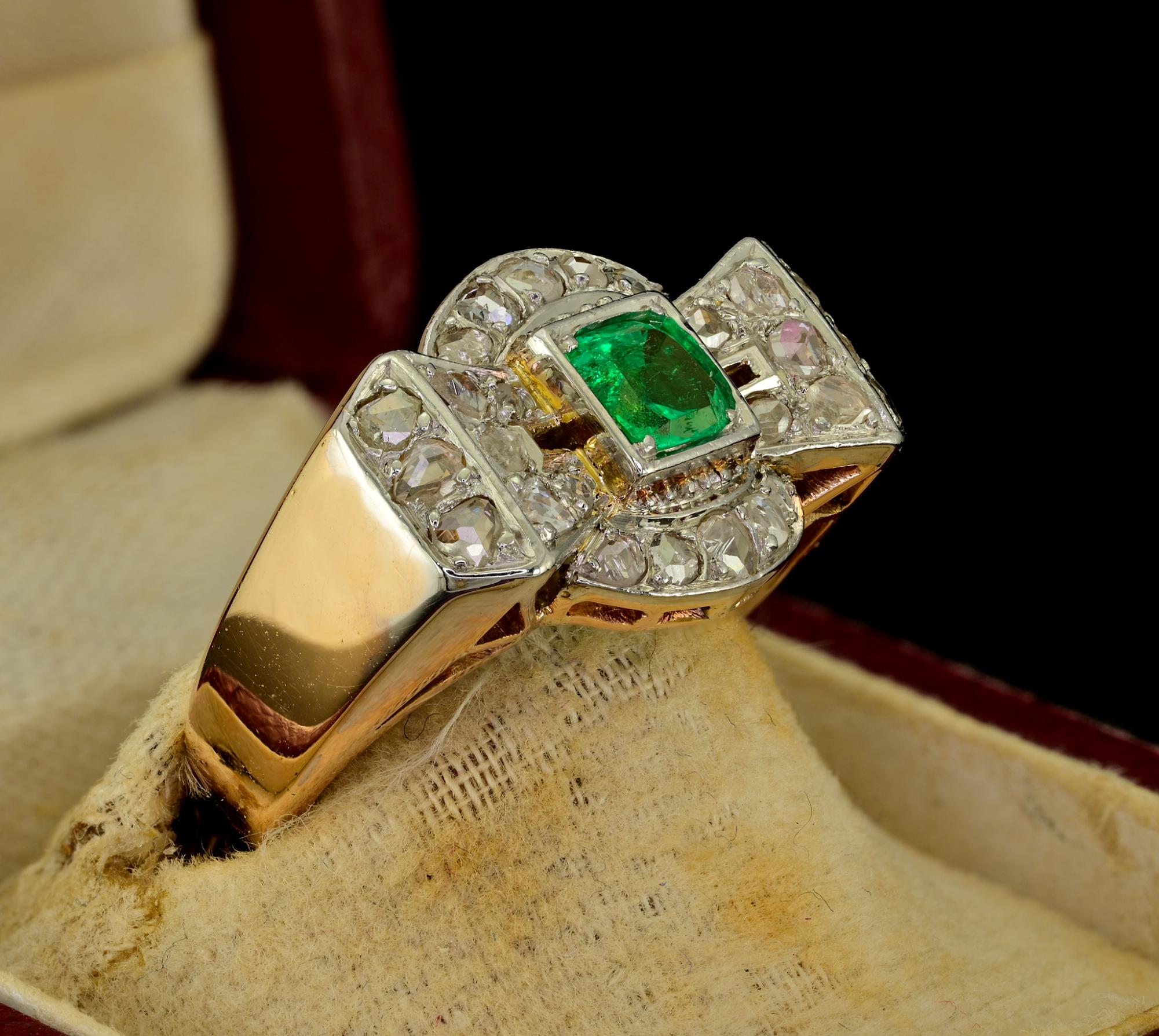 Emerald Cut Art Deco Colombian Emerald Diamond Bow Ring For Sale