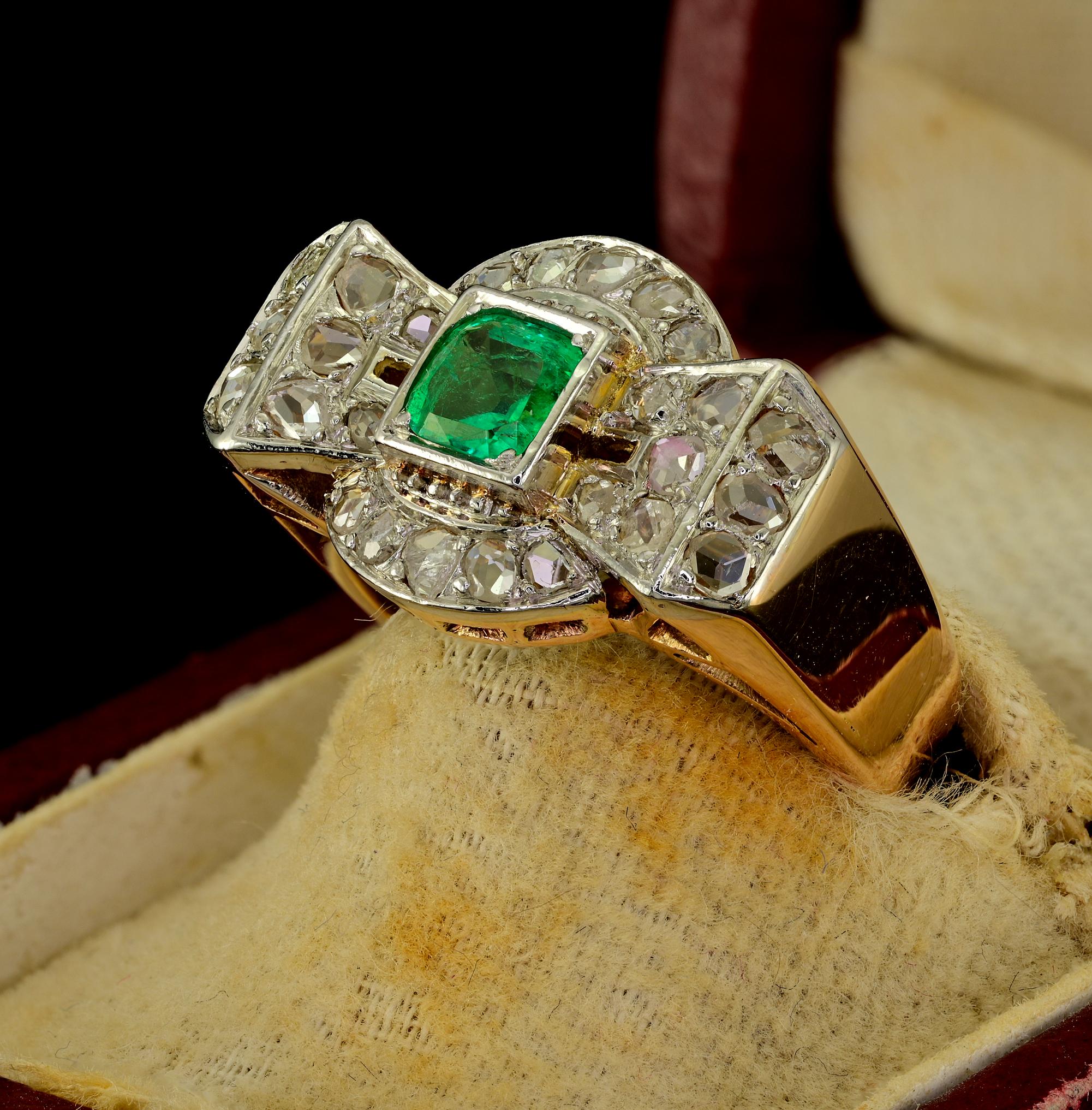 Women's Art Deco Colombian Emerald Diamond Bow Ring For Sale