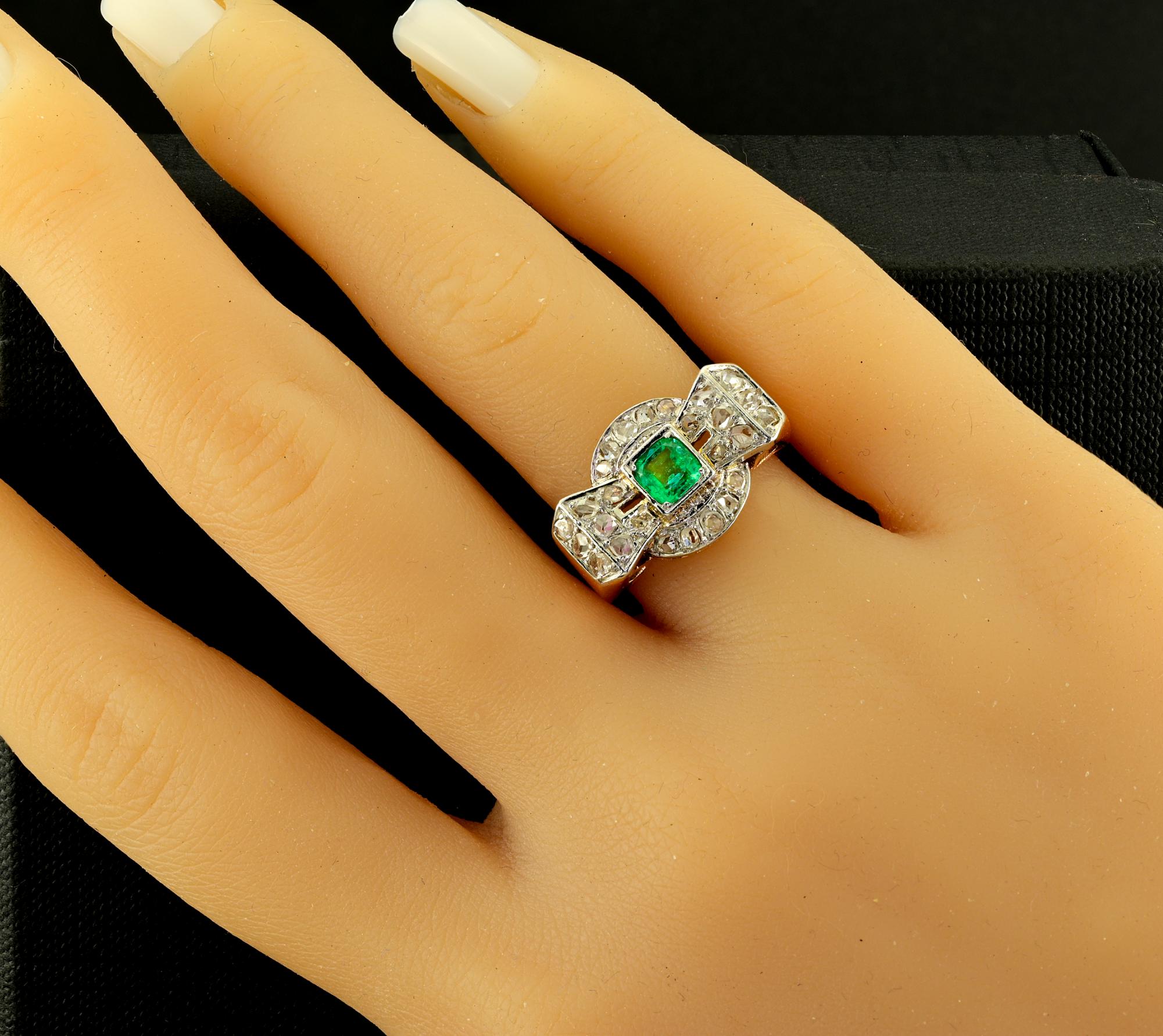 Art Deco Colombian Emerald Diamond Bow Ring For Sale 2