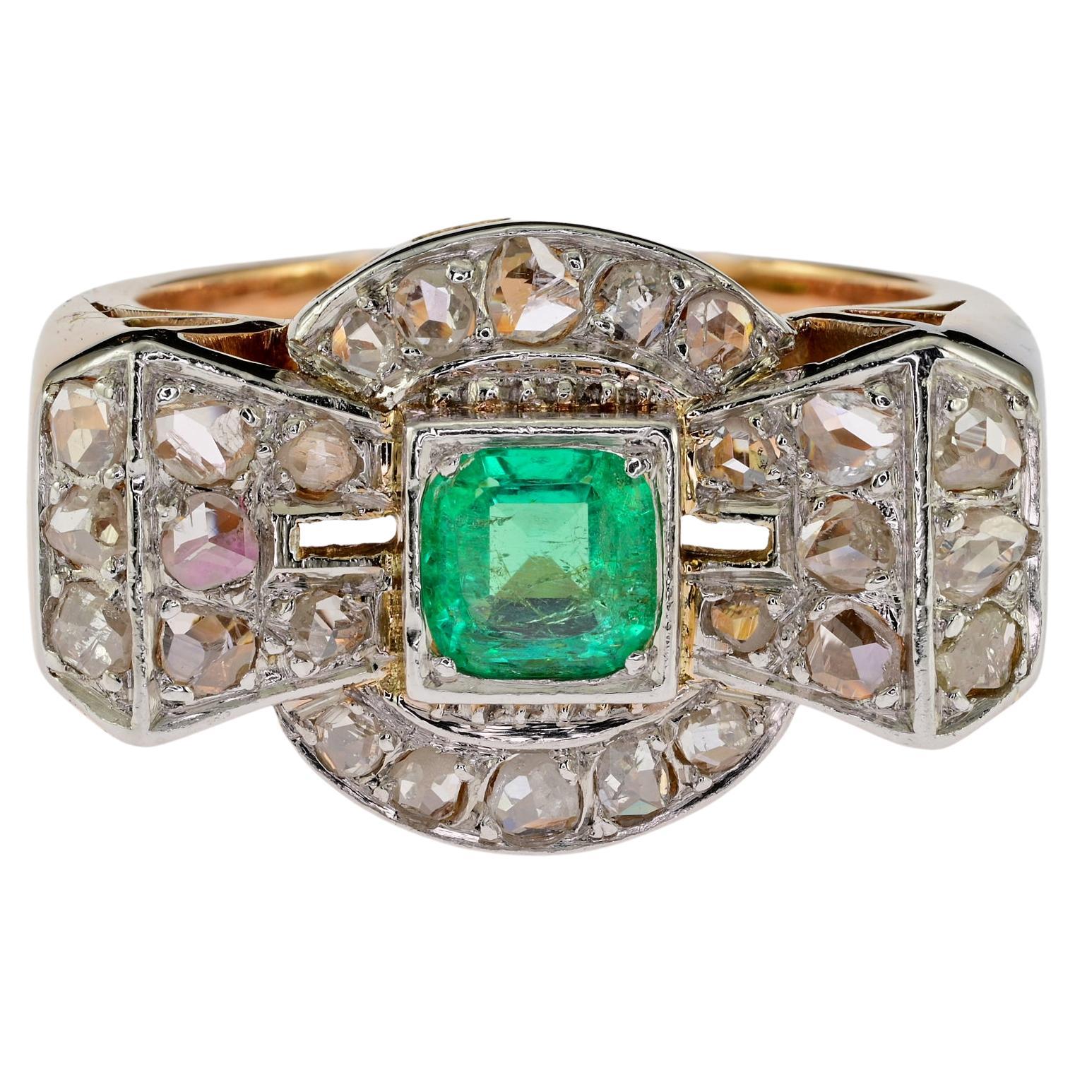 Art Deco Colombian Emerald Diamond Bow Ring For Sale