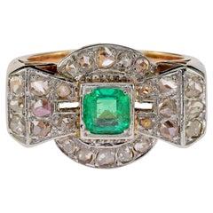 Antique Art Deco Colombian Emerald Diamond Bow Ring