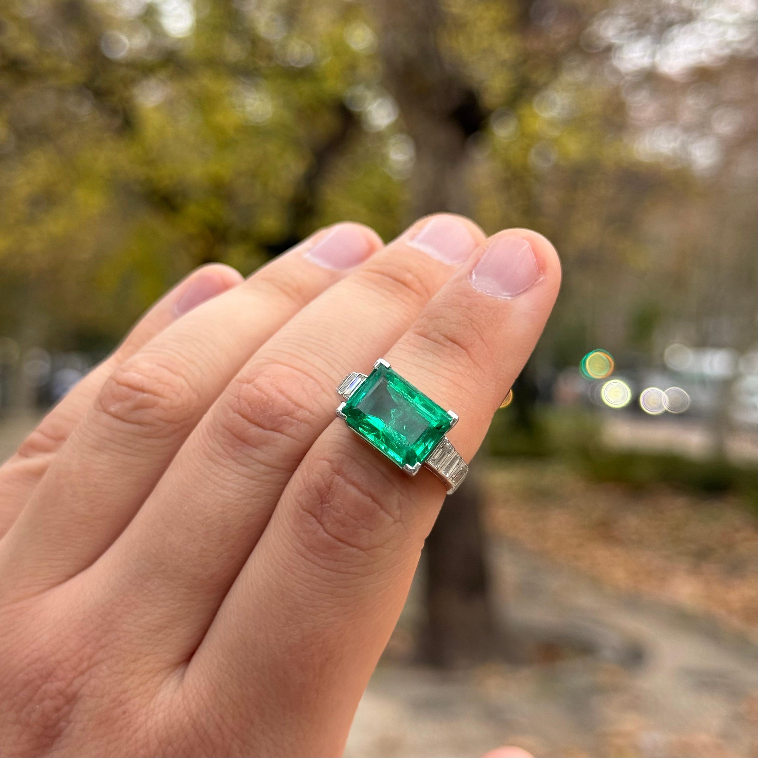 Art Deco Colombian Emerald Diamond Engagement Cocktail Ring Platinum 1930s 6