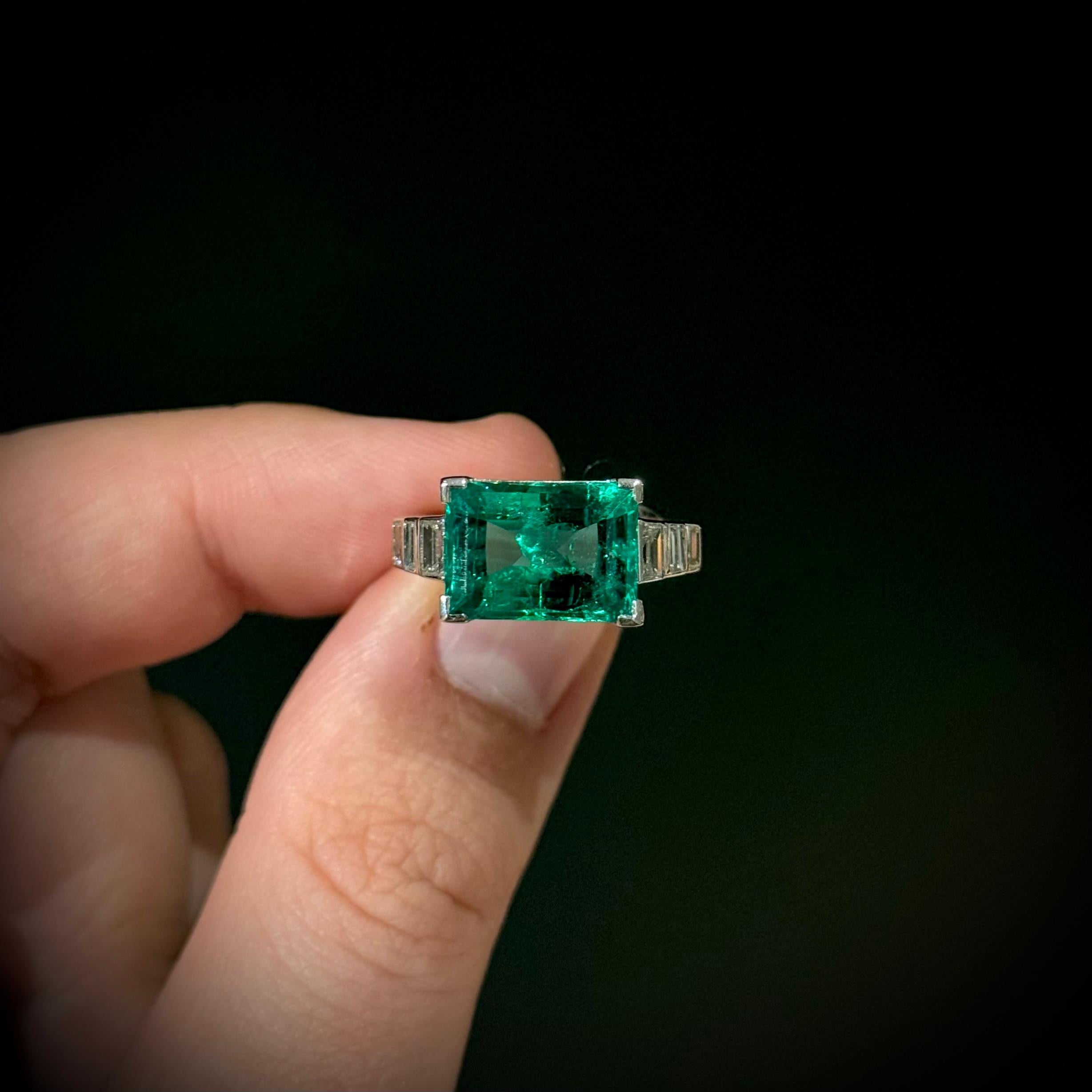 Art Deco Colombian Emerald Diamond Engagement Cocktail Ring Platinum 1930s 9