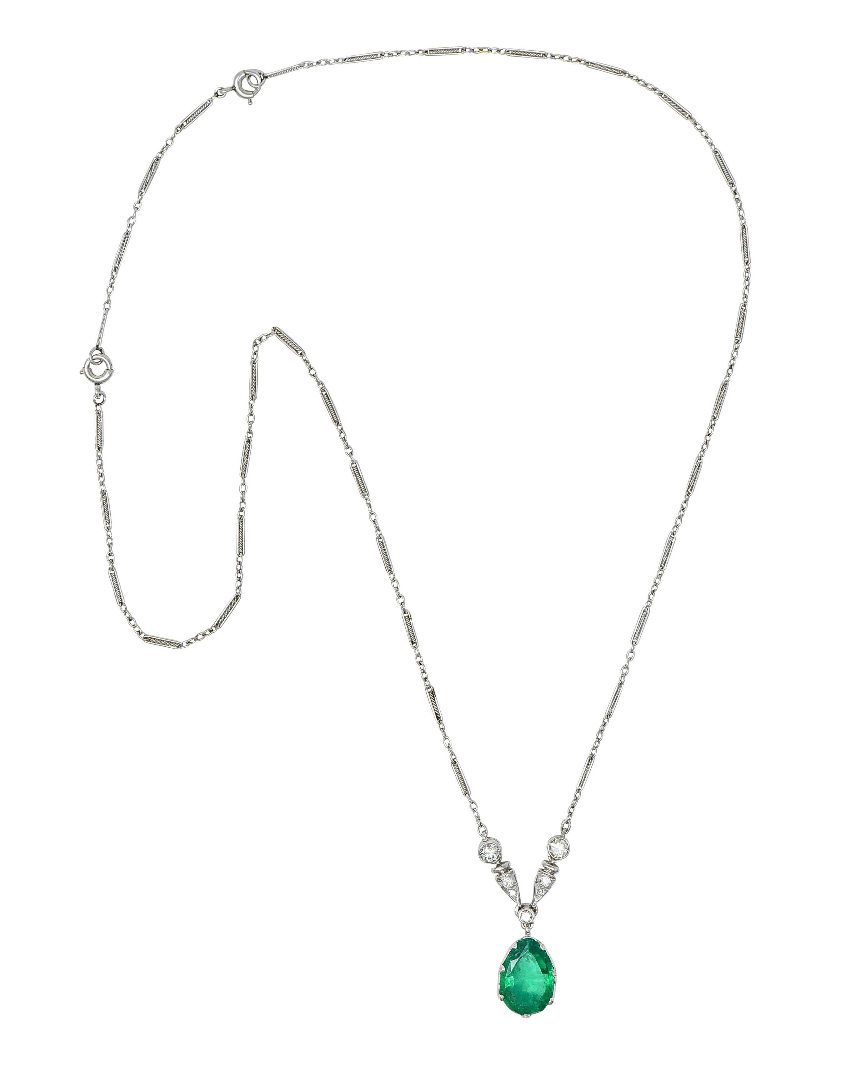 Pear Cut Art Deco Colombian Emerald Diamond Platinum 18 Karat Gold Vintage Drop Necklace For Sale