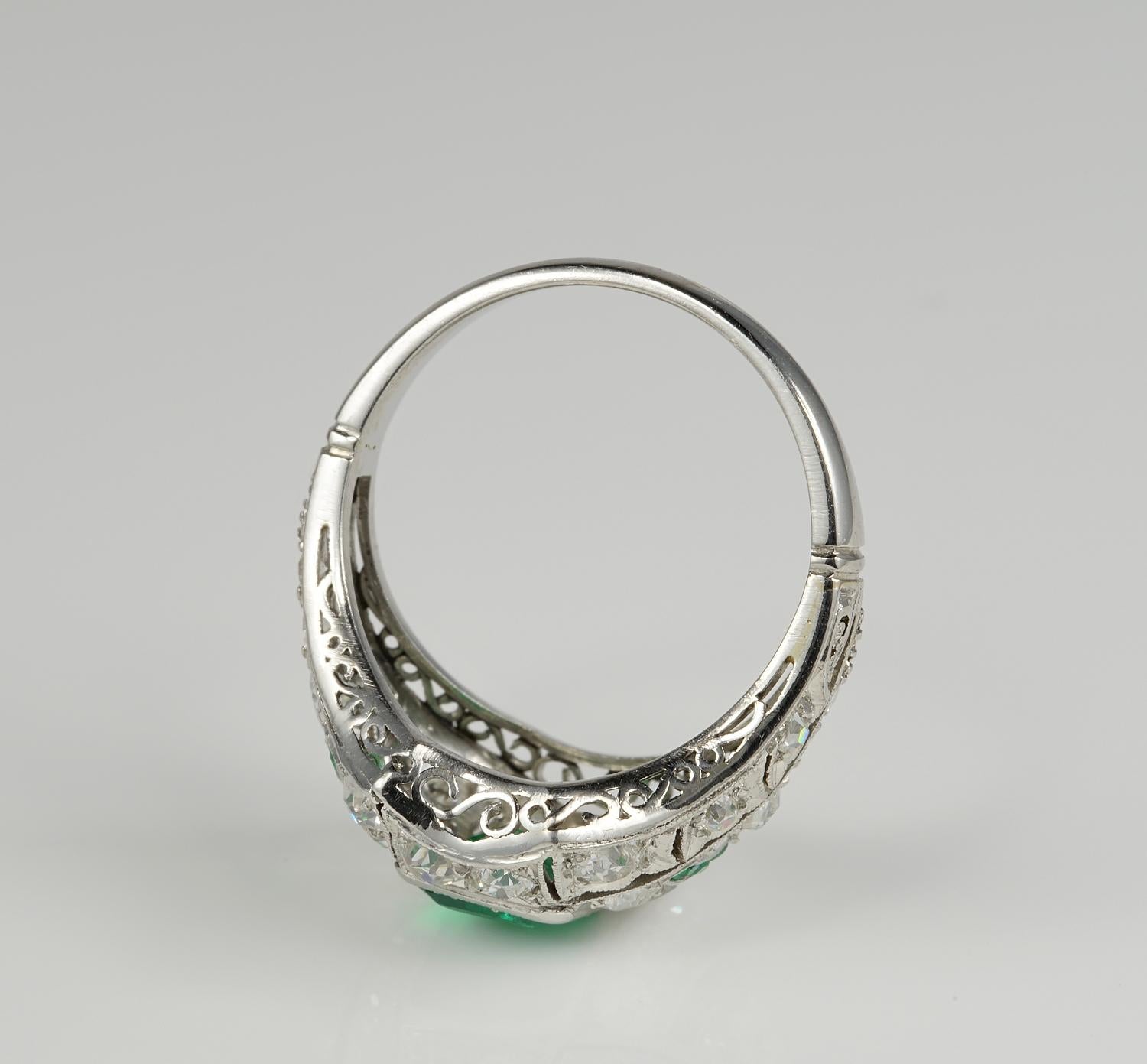 Women's Art Deco Colombian Emerald Diamond Platinum Rare Ring For Sale