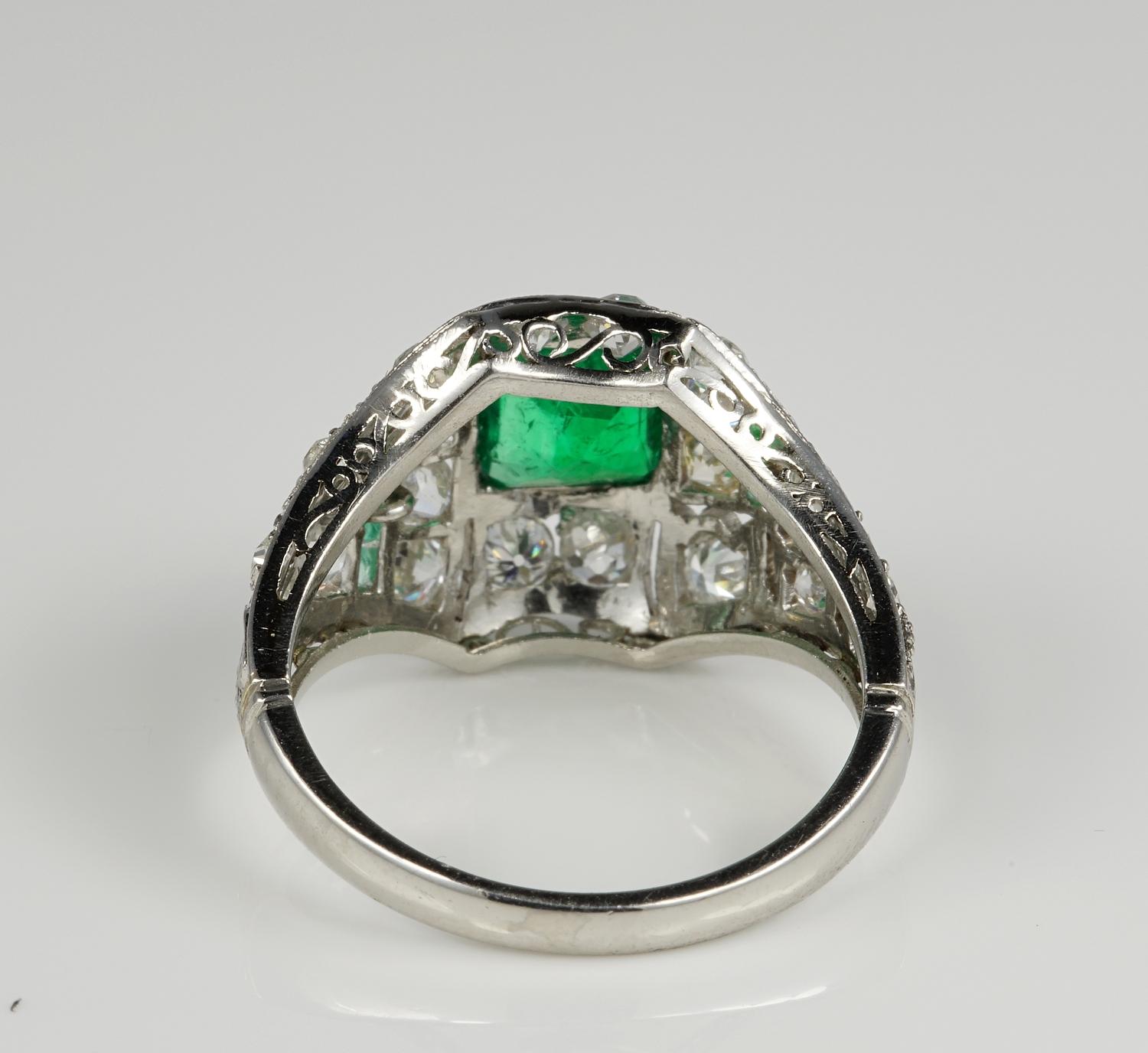 Art Deco Colombian Emerald Diamond Platinum Rare Ring For Sale 2