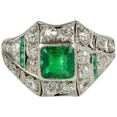 Antique Art Deco Colombian Emerald Diamond Platinum Rare Ring