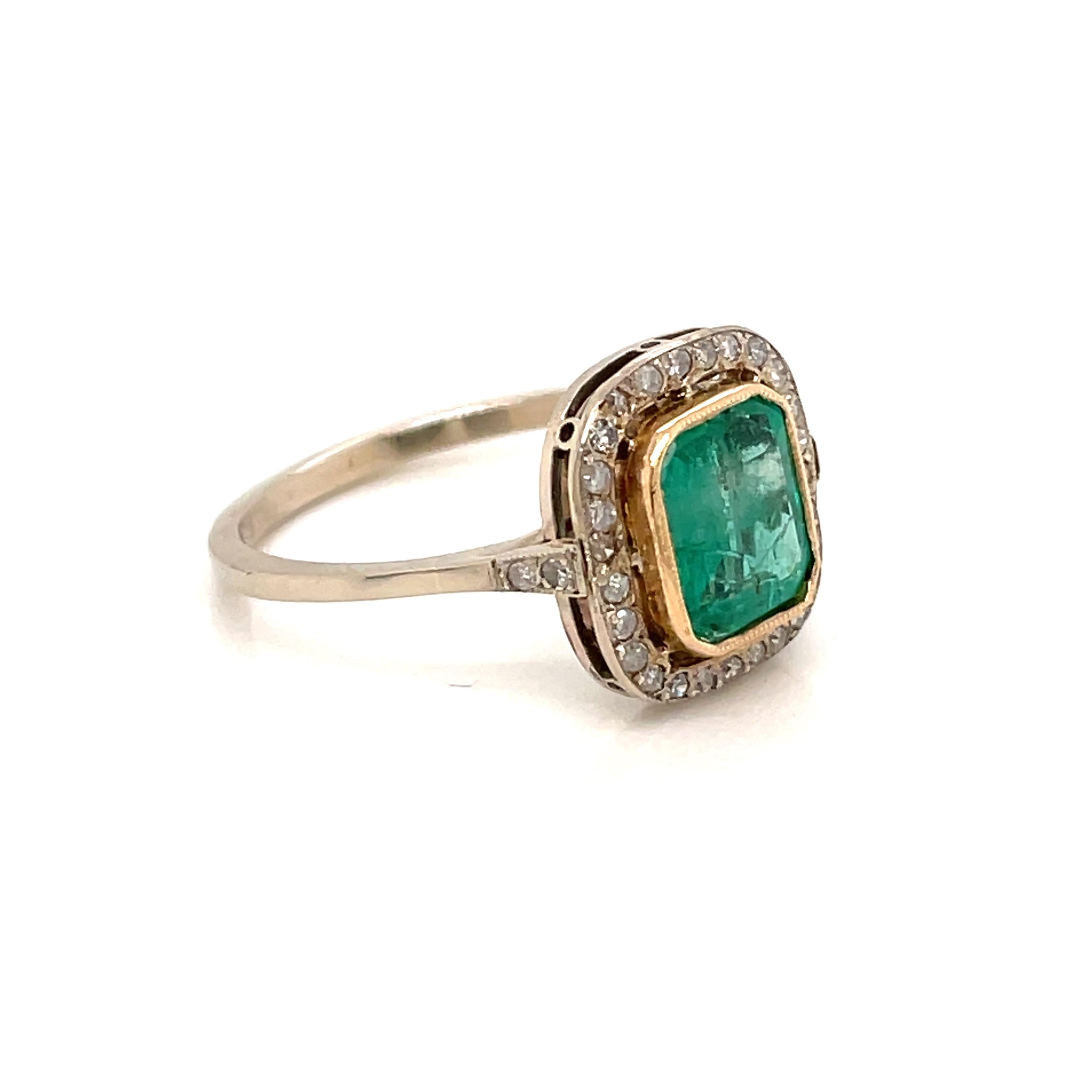 Old Mine Cut Art Deco Colombian Emerald Diamond Ring