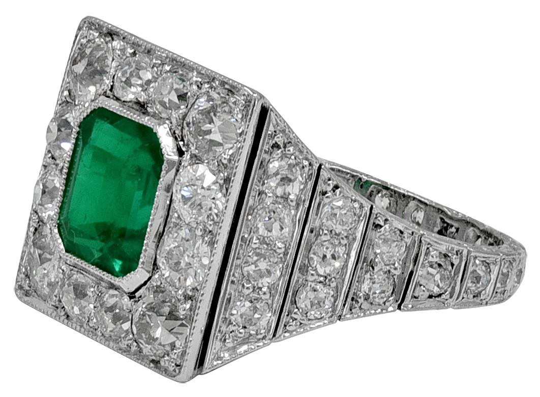 Women's or Men's Art Deco Colombian Emerald and Diamond Ring