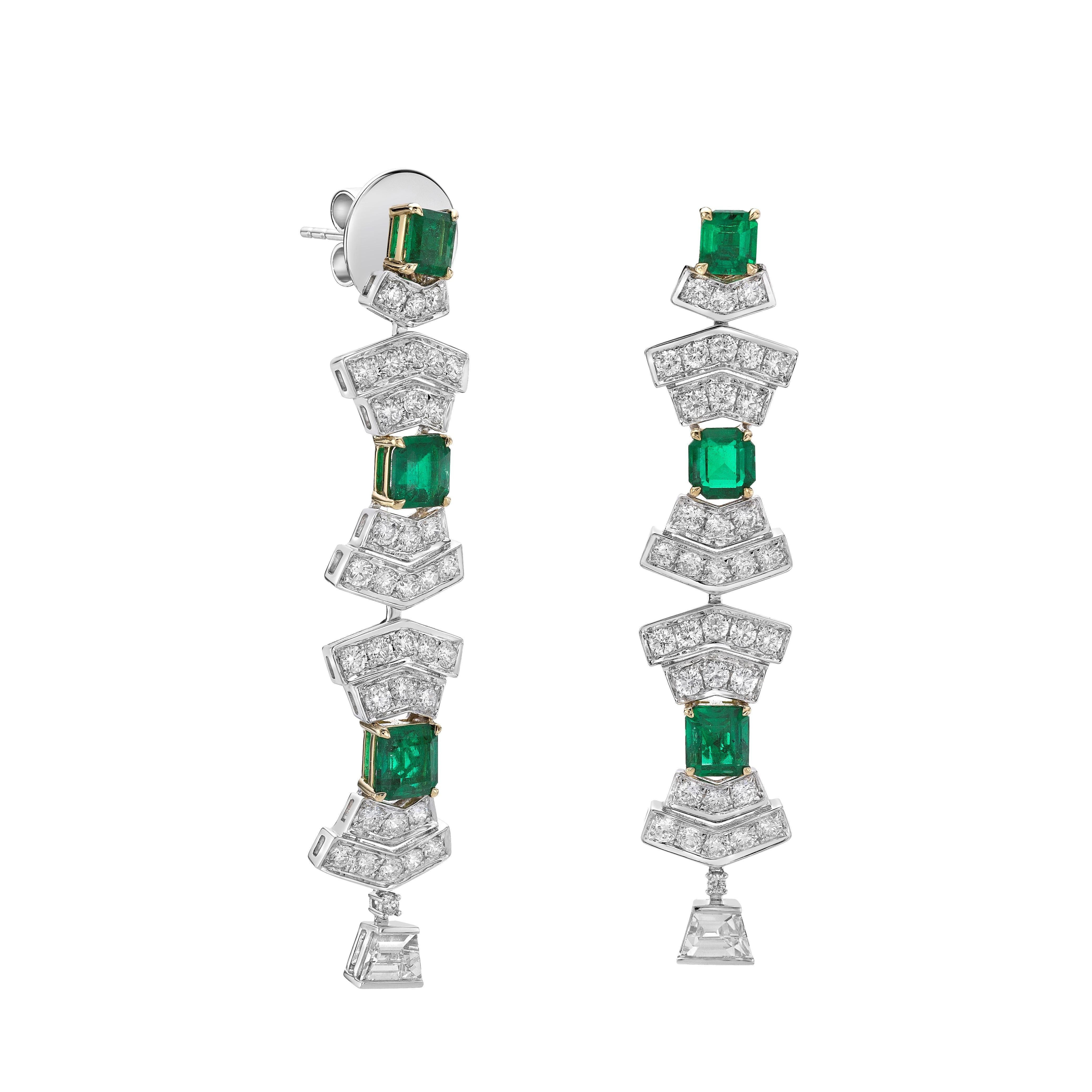 Kolumbianische Smaragd-Ohrringe im Art-déco-Stil mit Diamant in 18 Karat Weiß- und Gelbgold (Smaragdschliff) im Angebot
