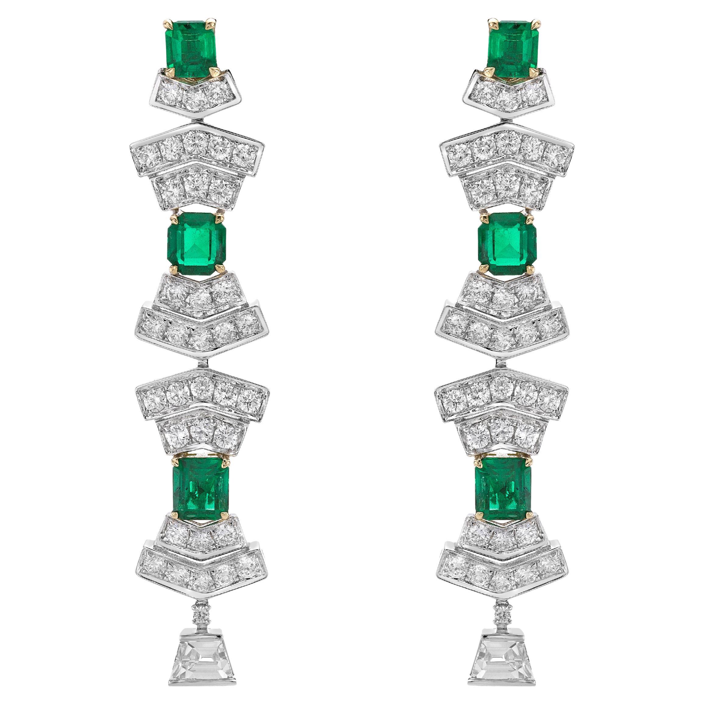 Art Deco Colombian Emerald Earrings with Diamond in 18 Karat White & Yellow Gold
