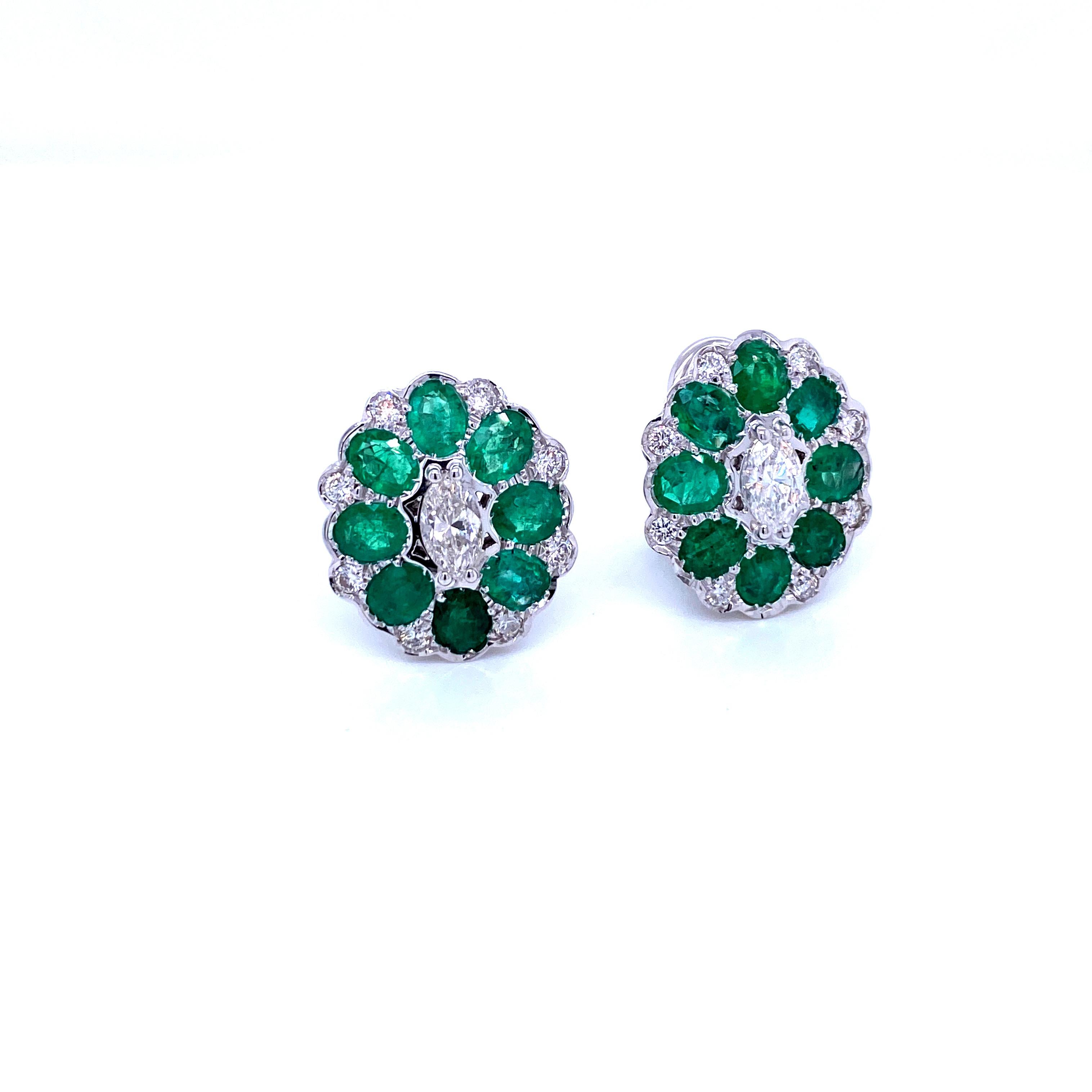 Marquise Cut Art Deco Style Colombian Emerald Marquise Diamond Gold Cluster Earrings