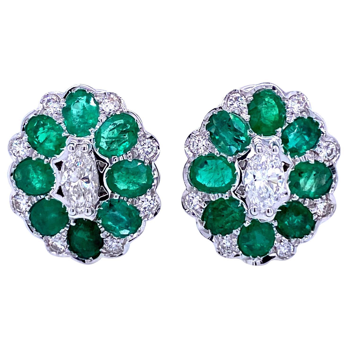 Art Deco Style Colombian Emerald Marquise Diamond Gold Cluster Earrings