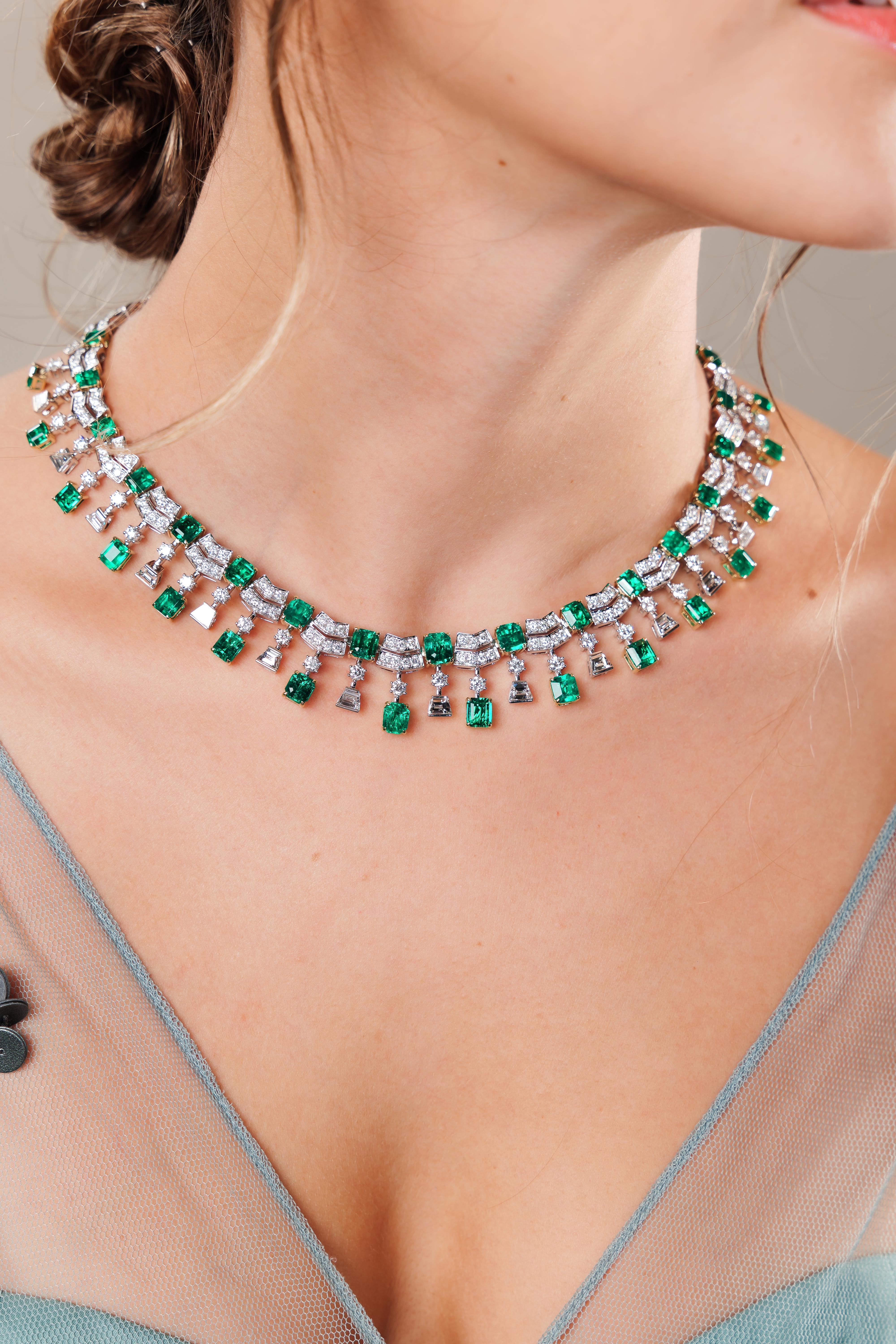 The Princess Necklace is uniquely designed with the finest Colombian Emeralds paired with dazzling round and trapezium diamonds. The unique art deco geometry of this layout creates a structured frame that gives attention on each enchanting emerald.