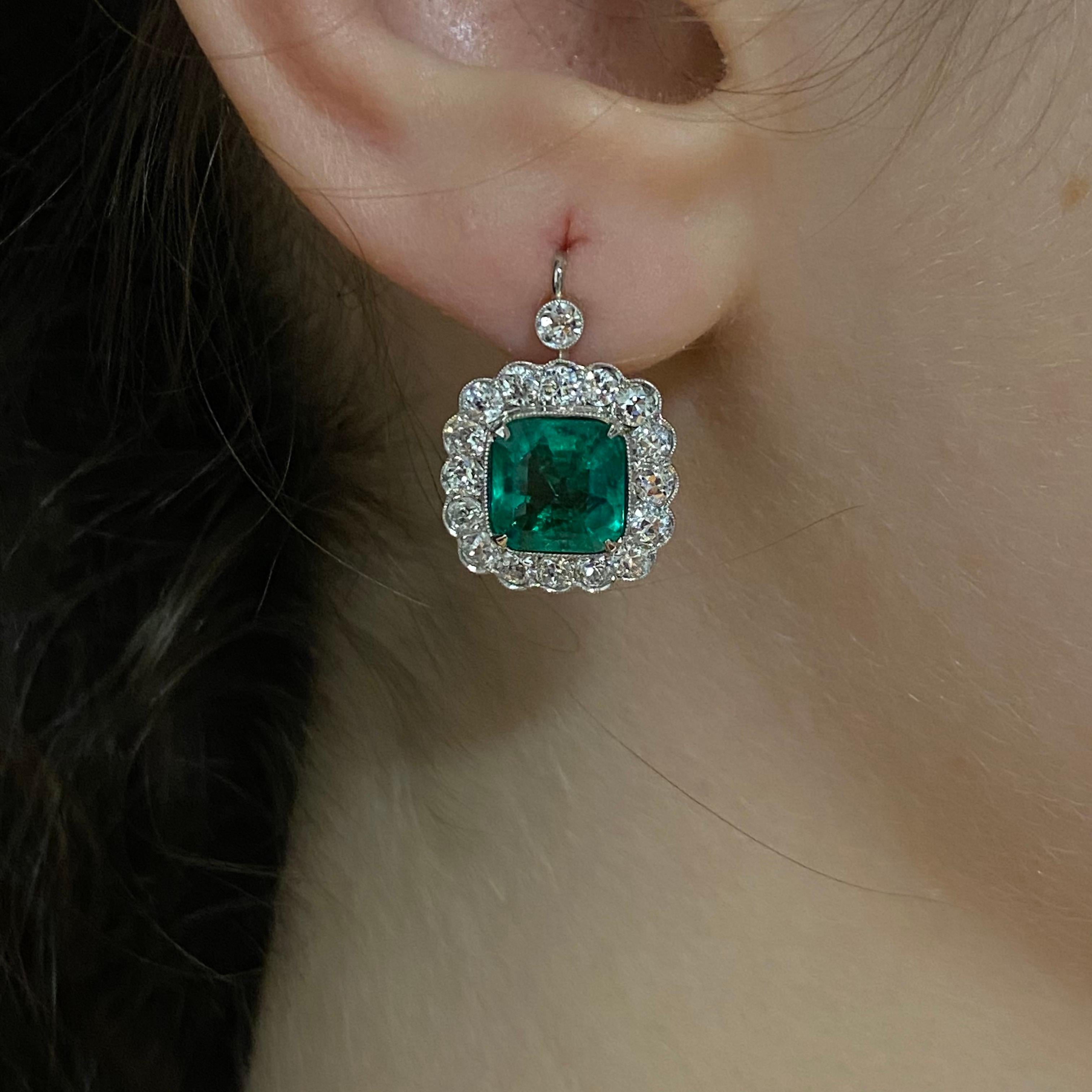 20th Century Colombian Emerald Old Cut Diamond Cluster Earrings Platinum Signed 3