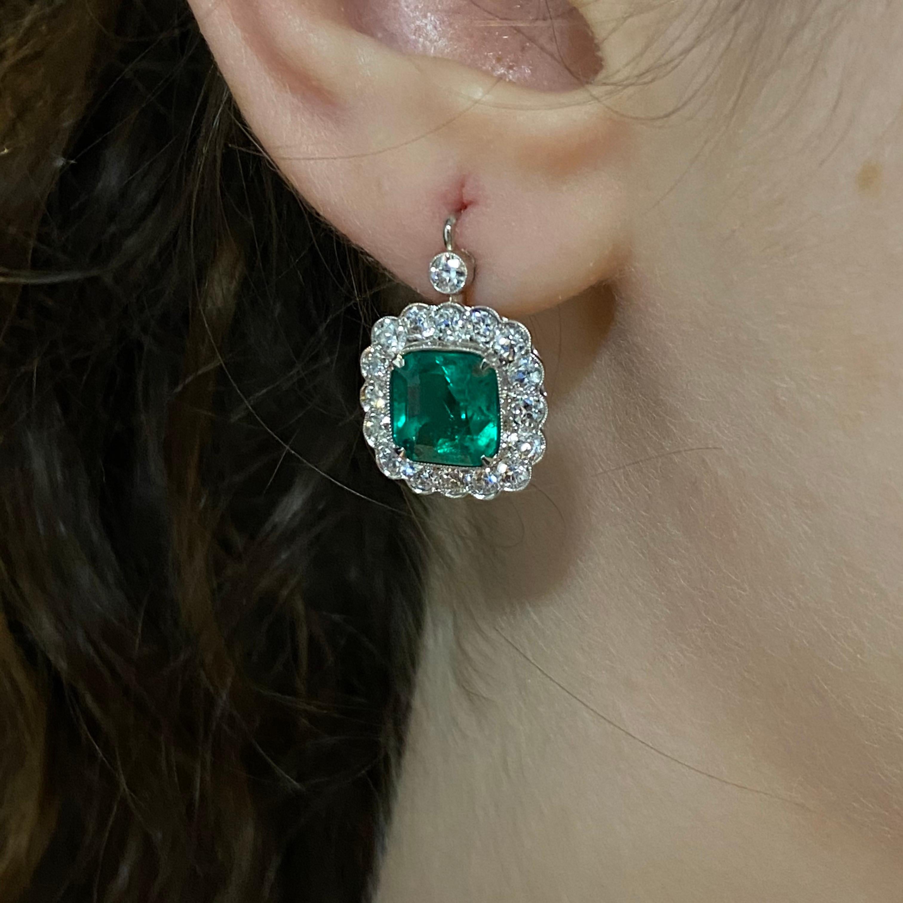 20th Century Colombian Emerald Old Cut Diamond Cluster Earrings Platinum Signed 4