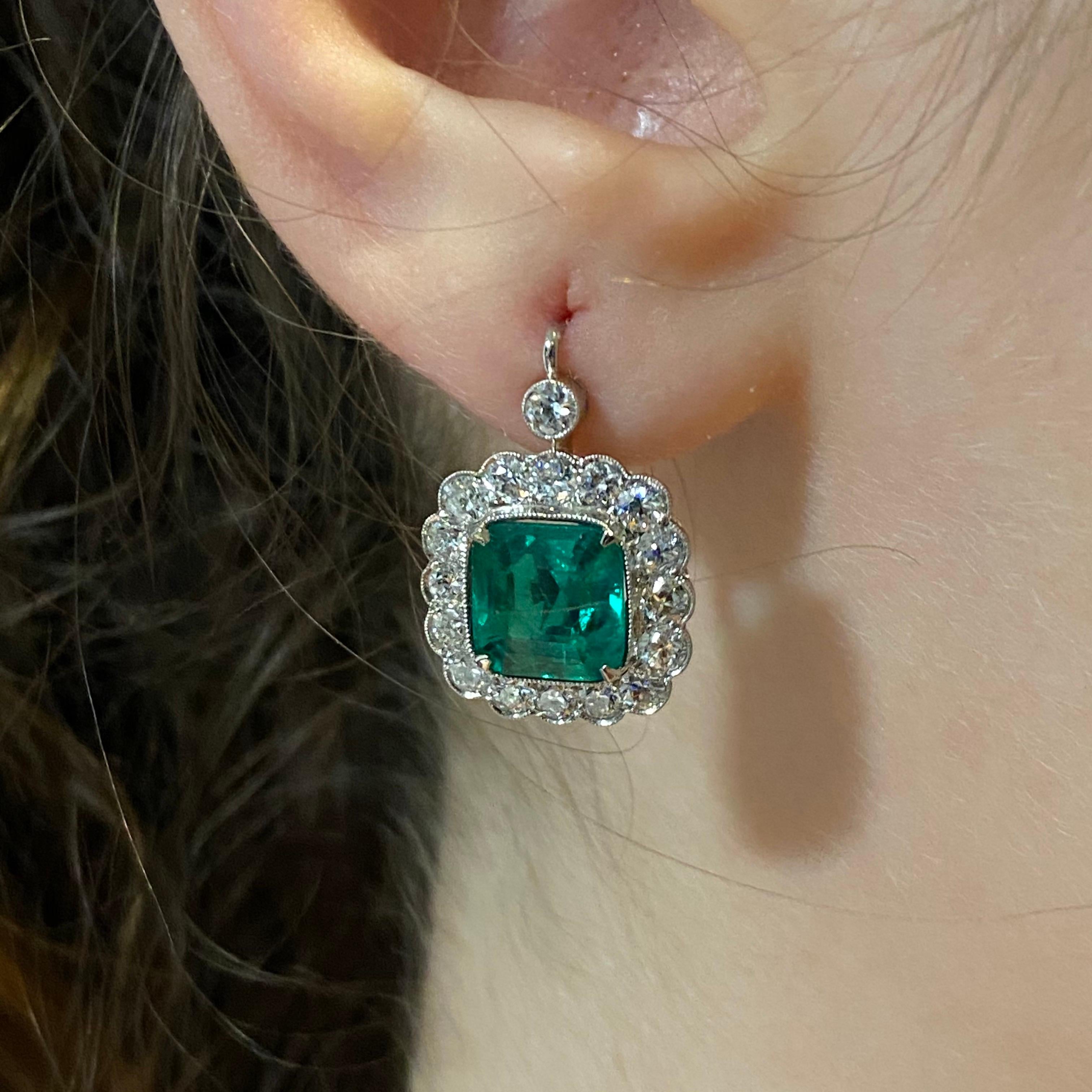 20th Century Colombian Emerald Old Cut Diamond Cluster Earrings Platinum Signed 5