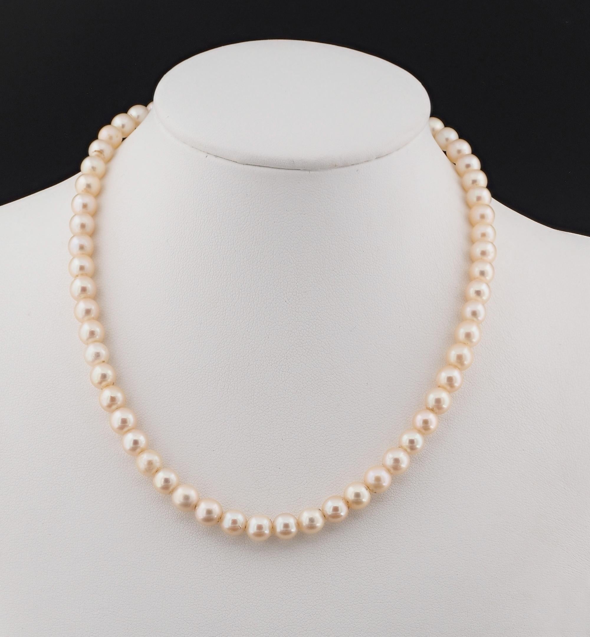 Ein Hauch von Eleganz
Dieser herrliche antike Perlenstrang aus der Zeit des Art déco ist von unendlicher Schönheit.
Als Inbegriff der Eleganz sind diese antiken Halsketten einfach so begehrenswert und schwer zu finden
1920 ca.; bestehend aus einem