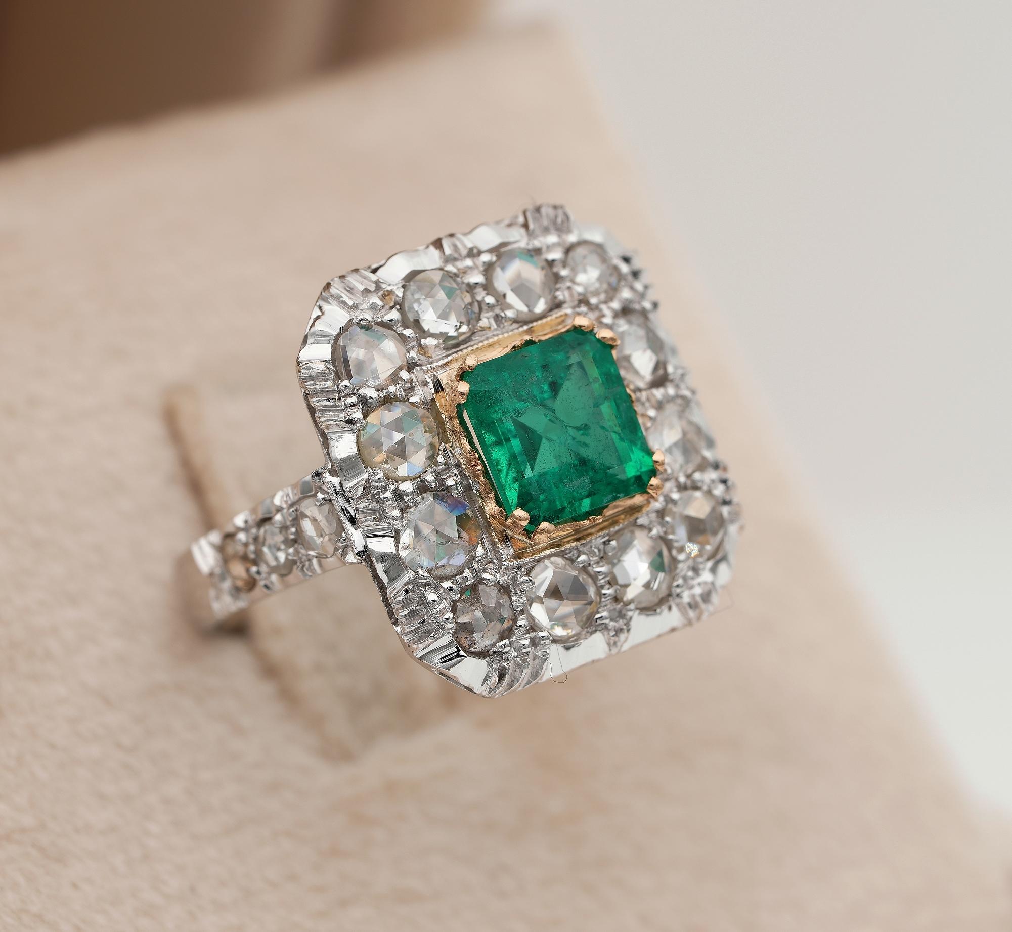 Emerald Cut Art Deco Colombian Emerald Rose Cut Diamond ring For Sale