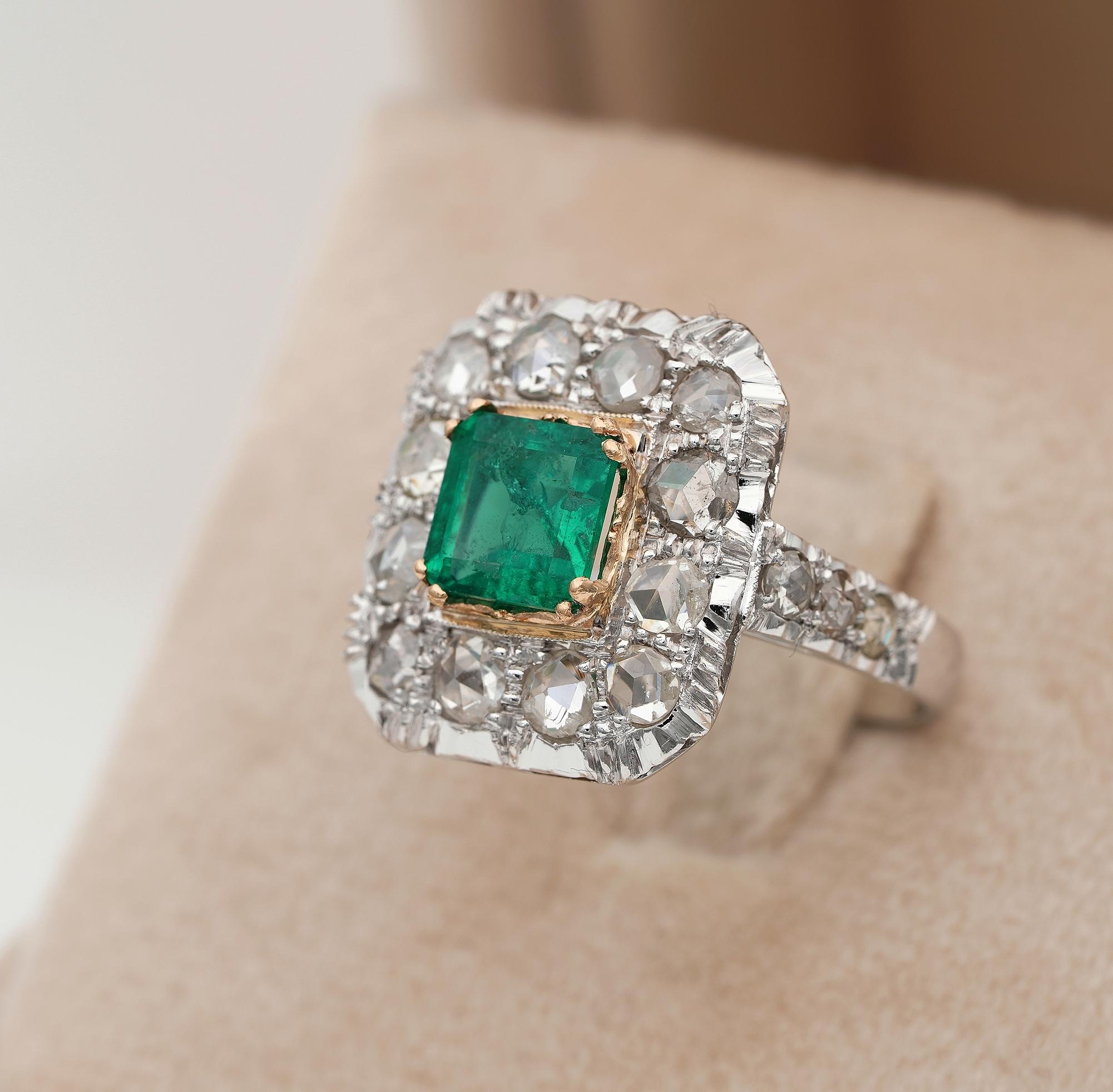 Women's Art Deco Colombian Emerald Rose Cut Diamond ring For Sale
