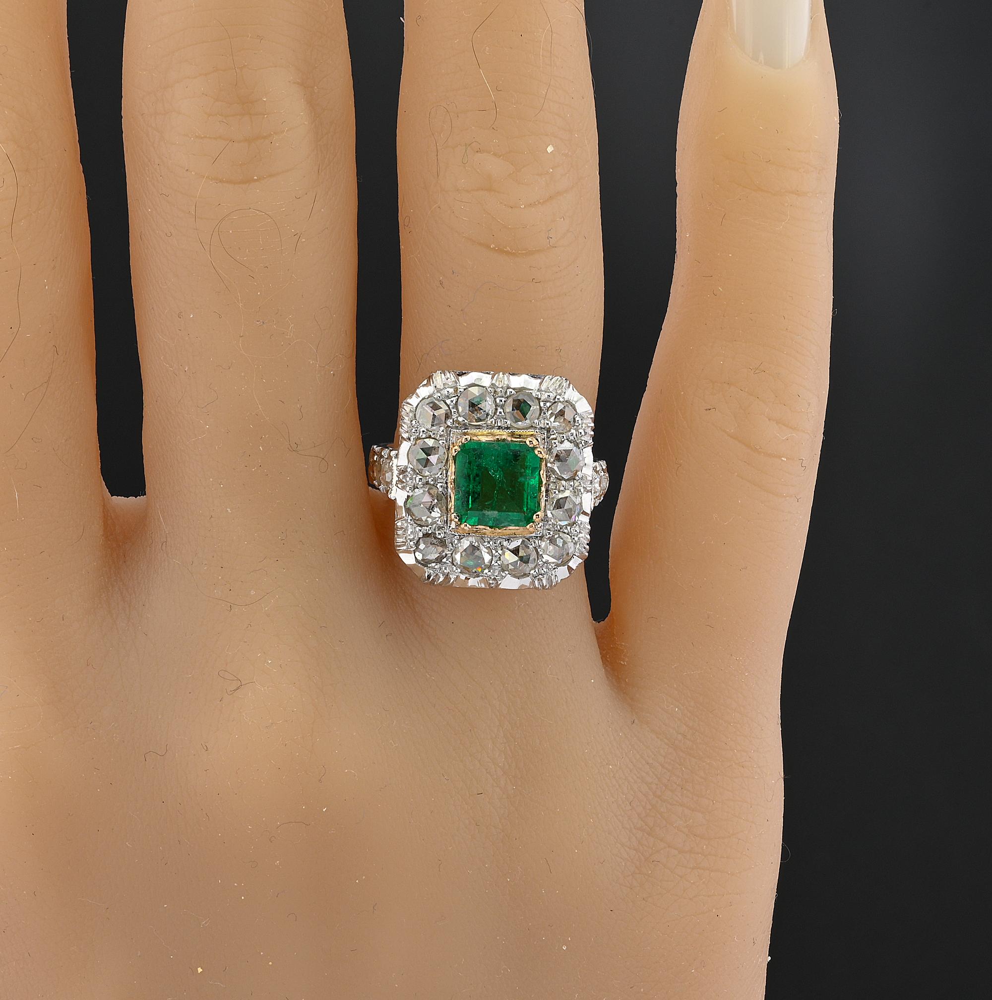 Art Deco Colombian Emerald Rose Cut Diamond ring For Sale 4