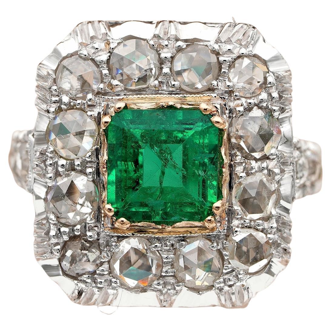 Art Deco Colombian Emerald Rose Cut Diamond ring